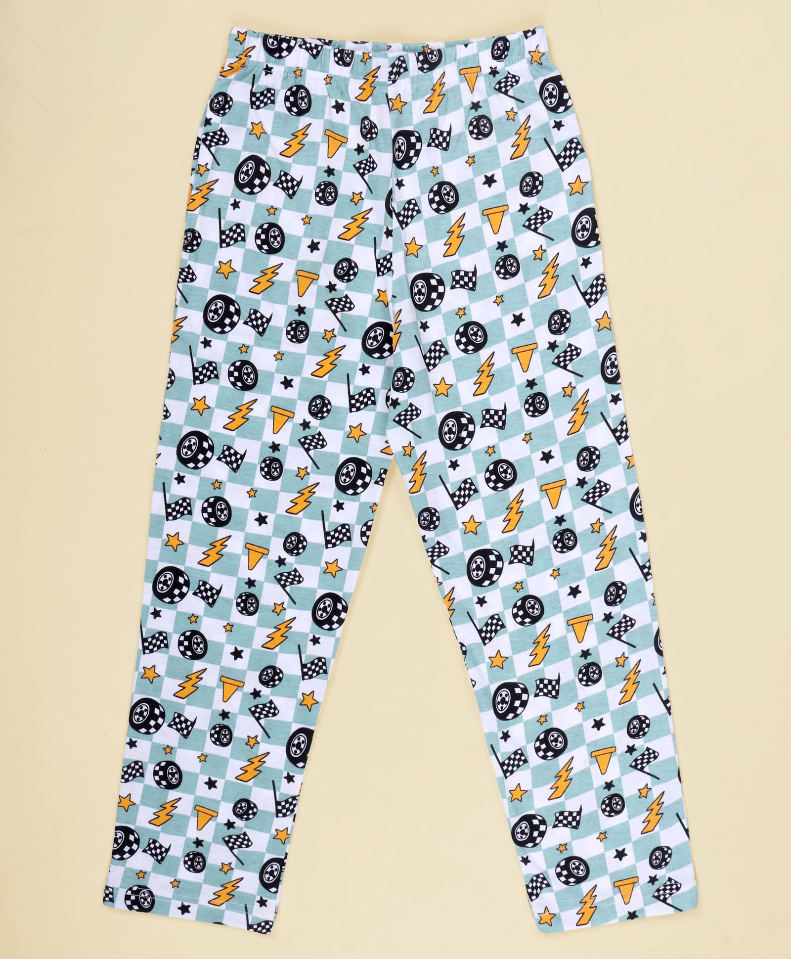 Kiddopanti Cotton Knit Checked Racing Theme Printed Pajama - Light Green-picture-27