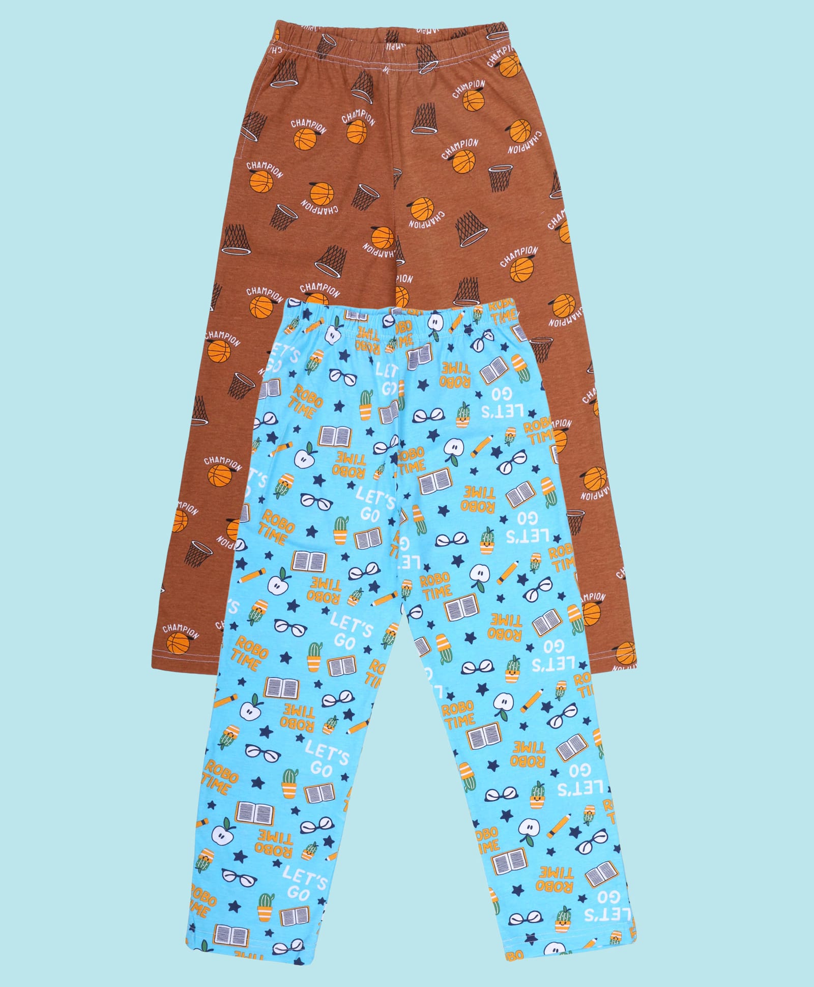 Kiddopanti Cotton Knit Pack Of 2 Basketball Champion & Robo Time Text Printed Pajamas - Brown & Light Blue-image-23