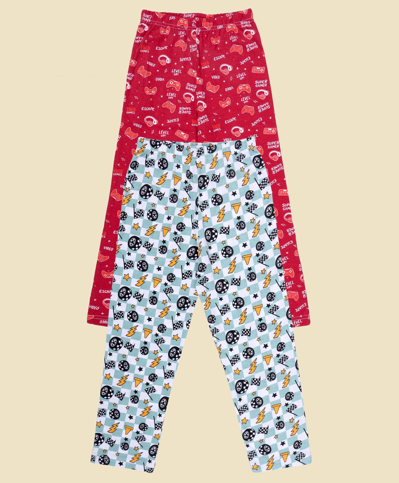 Kiddopanti Cotton Knit Pack Of 2 Super Gamer Text & Racing Theme Printed Pajamas - Maroon & Light Green-picture-19