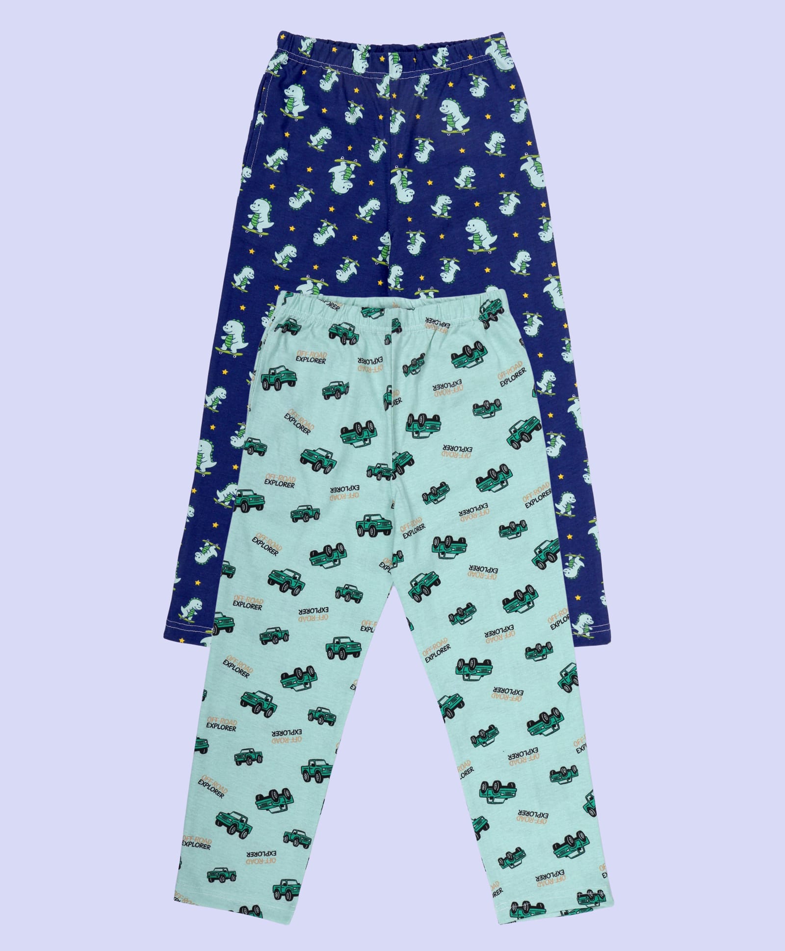 Kiddopanti Cotton Knit Pack Of 2 Off Road Explorer Text & Dinosaur Printed Pajamas - Light Green & Navy Blue-picture-13