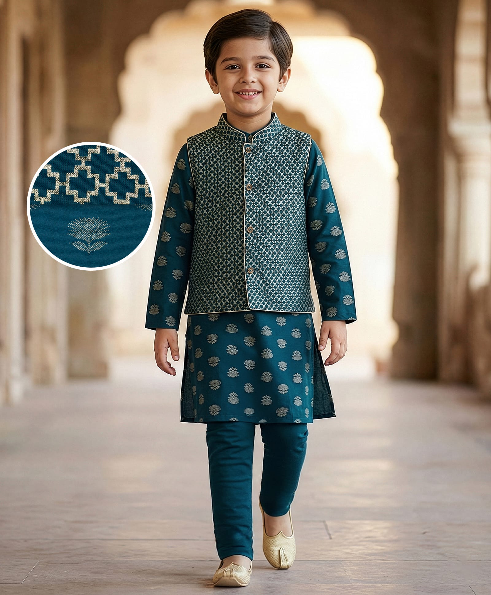 EARTHY TOUCH Cotton Knit Full Sleeves Kurta Pyjama Set With Nehru Jacket & Foil Floral Print - Teal Blue-picture-26