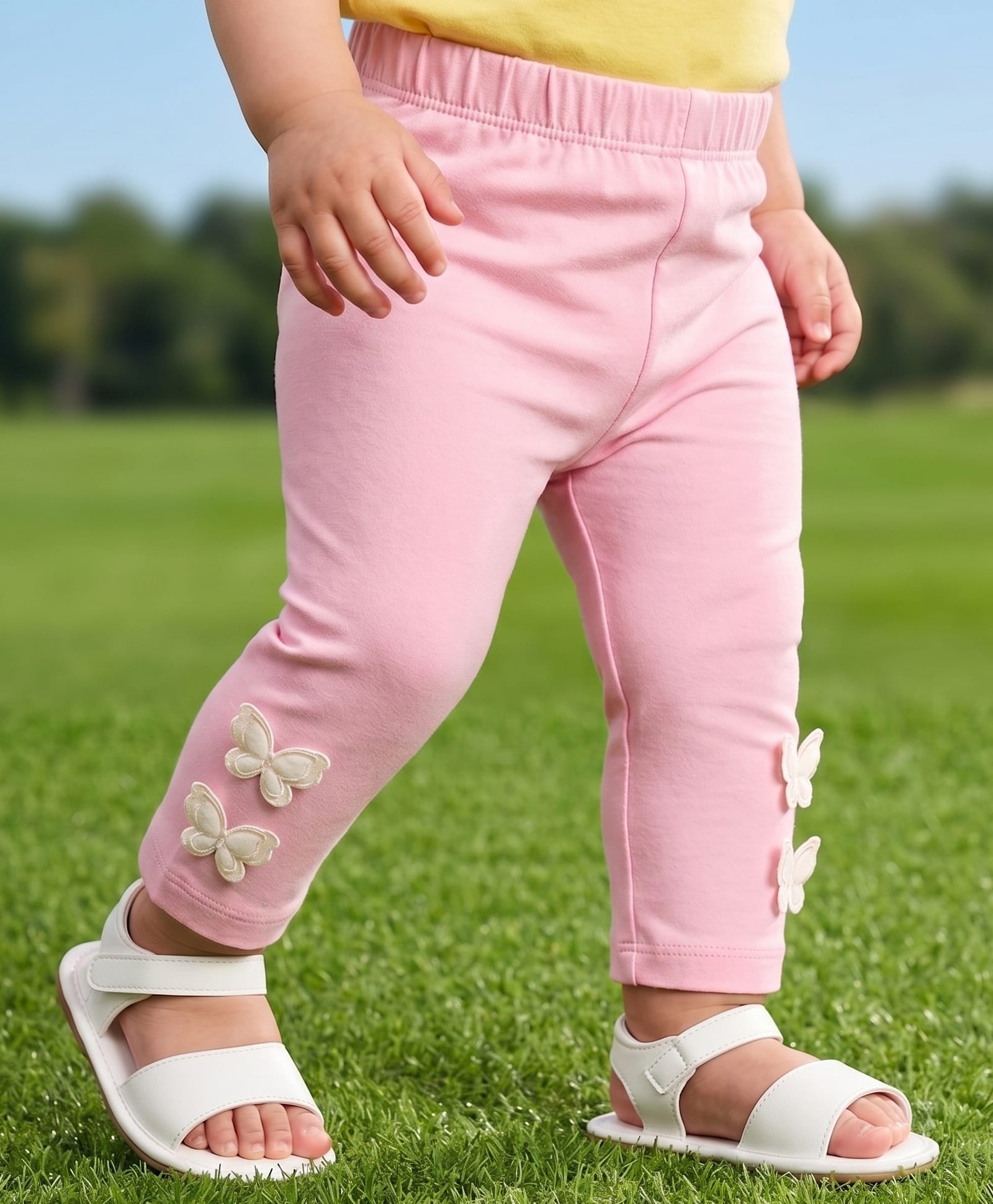 Babyoye Cotton Lycra Knit Full Length Leggings With Butterfly Applique - Pink-image-36