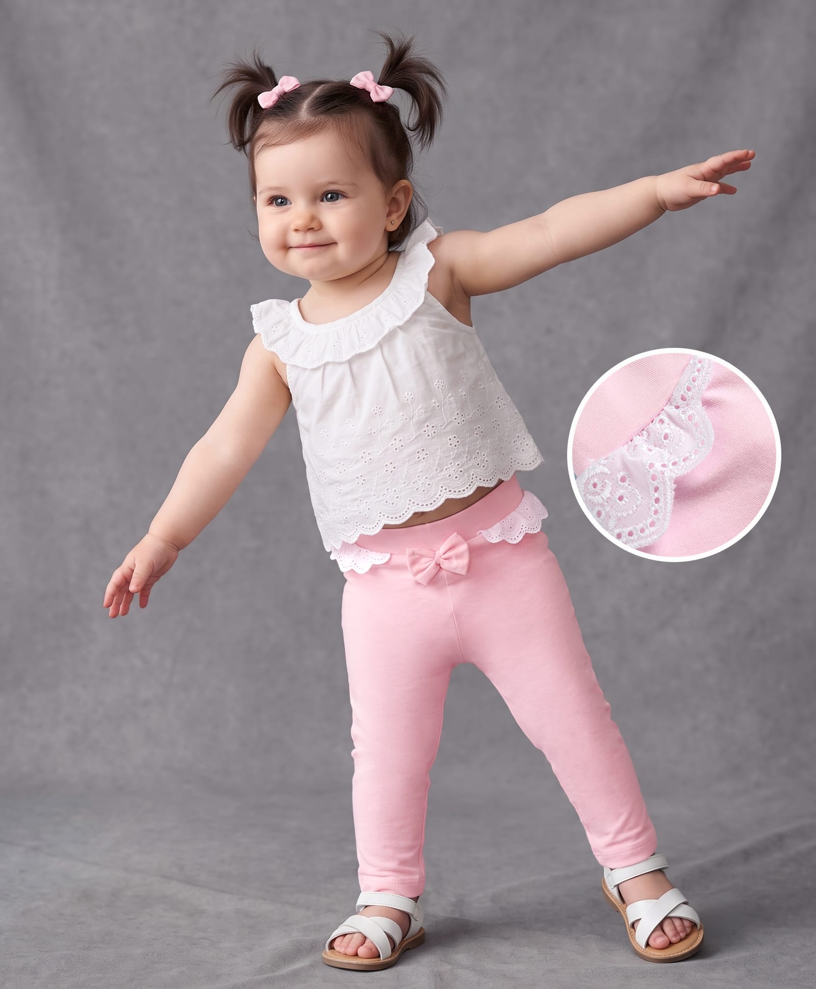 Babyoye Cotton Lycra Knit Full Length Leggings With Bow Applique & Lace Detailing - Pink-picture-13