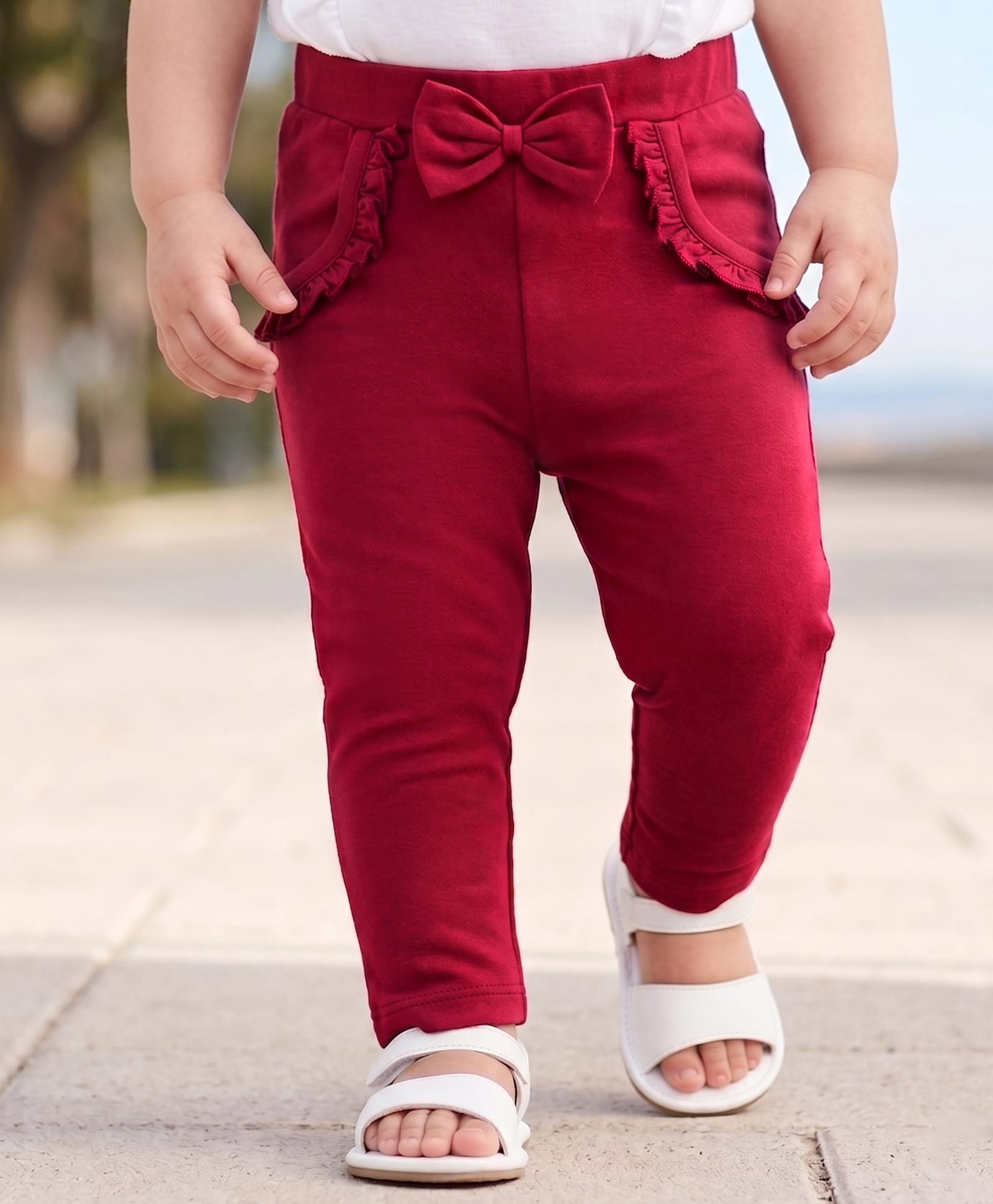 Babyoye Cotton Lycra Knit Full Length Solid Leggings With Bow Applique - Maroon-picture-31