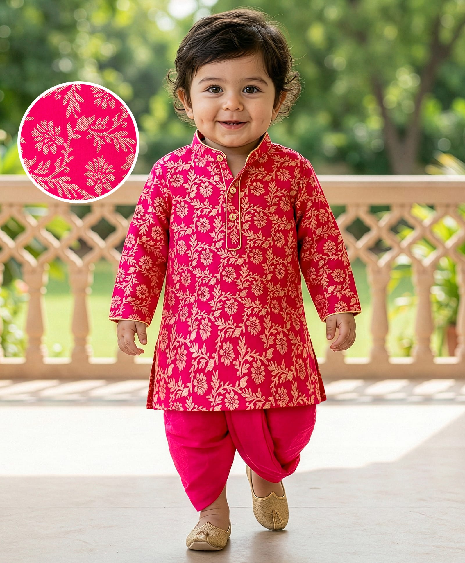 EARTHY TOUCH Cotton Jersey Knit Full Sleeves Kurta Dhoti Set With Foil Floral Print - Dark Pink-image-35