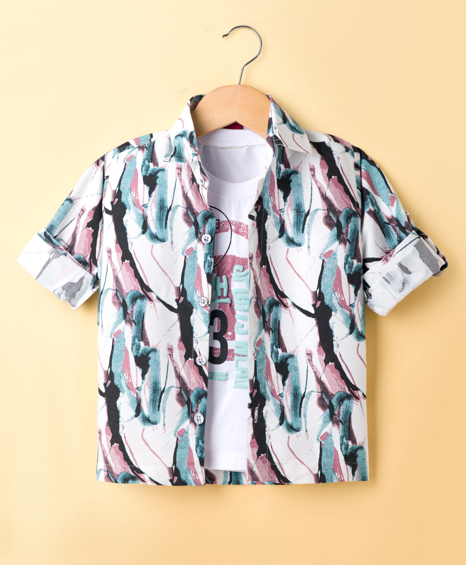 Radutu Cotton Woven Full Sleeves Abstract Printed Shirt with Inner Tee - Sea Green & White-image-9