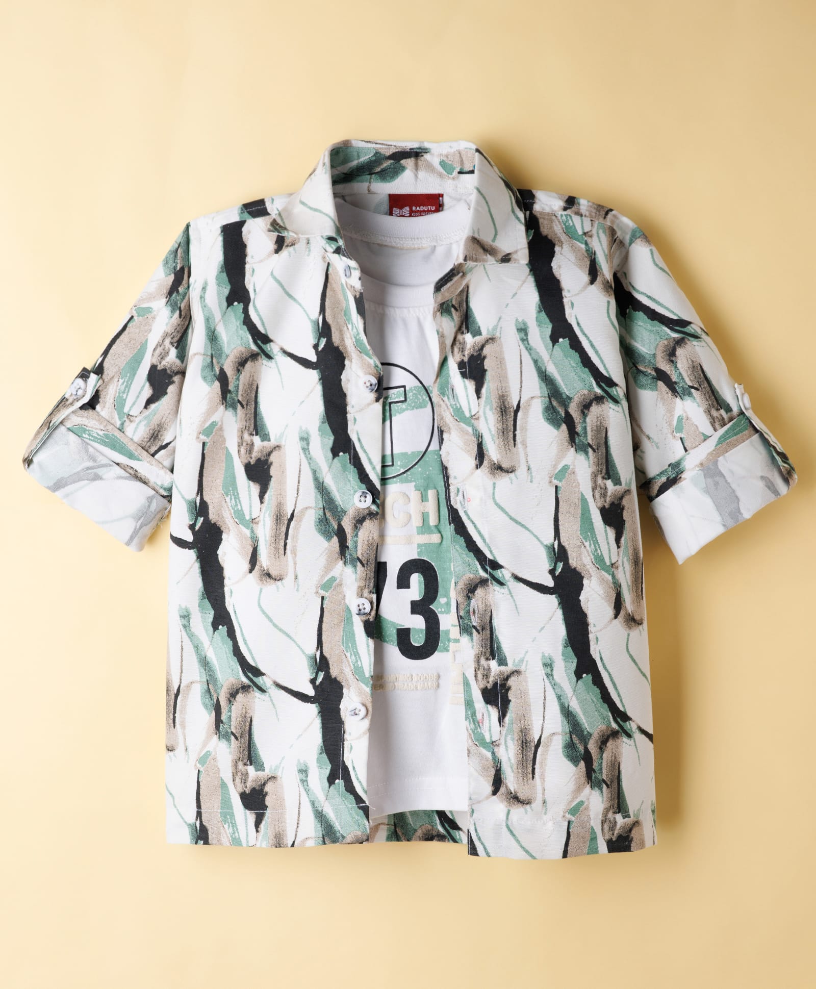 Radutu Cotton Woven Full Sleeves Abstract Printed Shirt with Inner Tee - Light Green & White-picture-12
