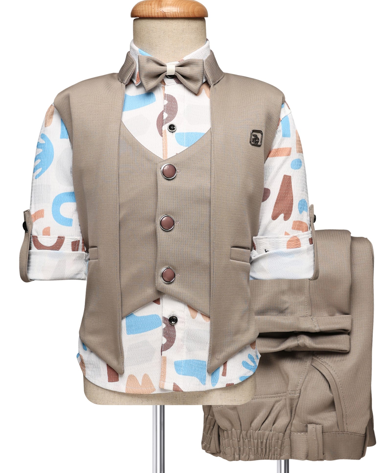 Radutu Cotton Woven Full Sleeves Printed 3 Piece Party Suit with Bow - Grey & White-picture-45