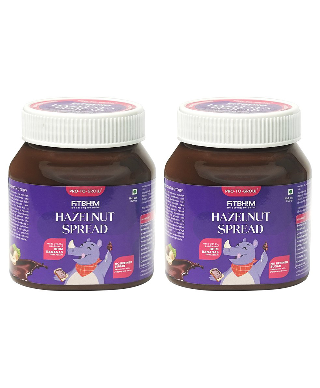 PRO-TO-GROW Fitbhim Hazelnut Spread 300g | Enriched with Bhim Banana, Hazelnut & Cocoa | Sweetened with Jaggery & Dates | No Refined Sugar, No Palm Oil & Preservatives (Pack of 2)-image-2