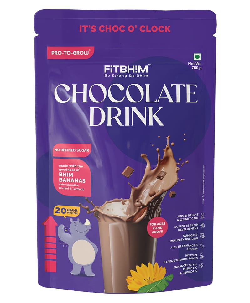 PRO-TO-GROW Fitbhim Nutritional Chocolate Drink Powder 750g | Enriched with Bhim Banana | Belgian Chocolate Flavor for Kids (2+ years) | Ideal for Brain Growth & Immunity Support-image-3