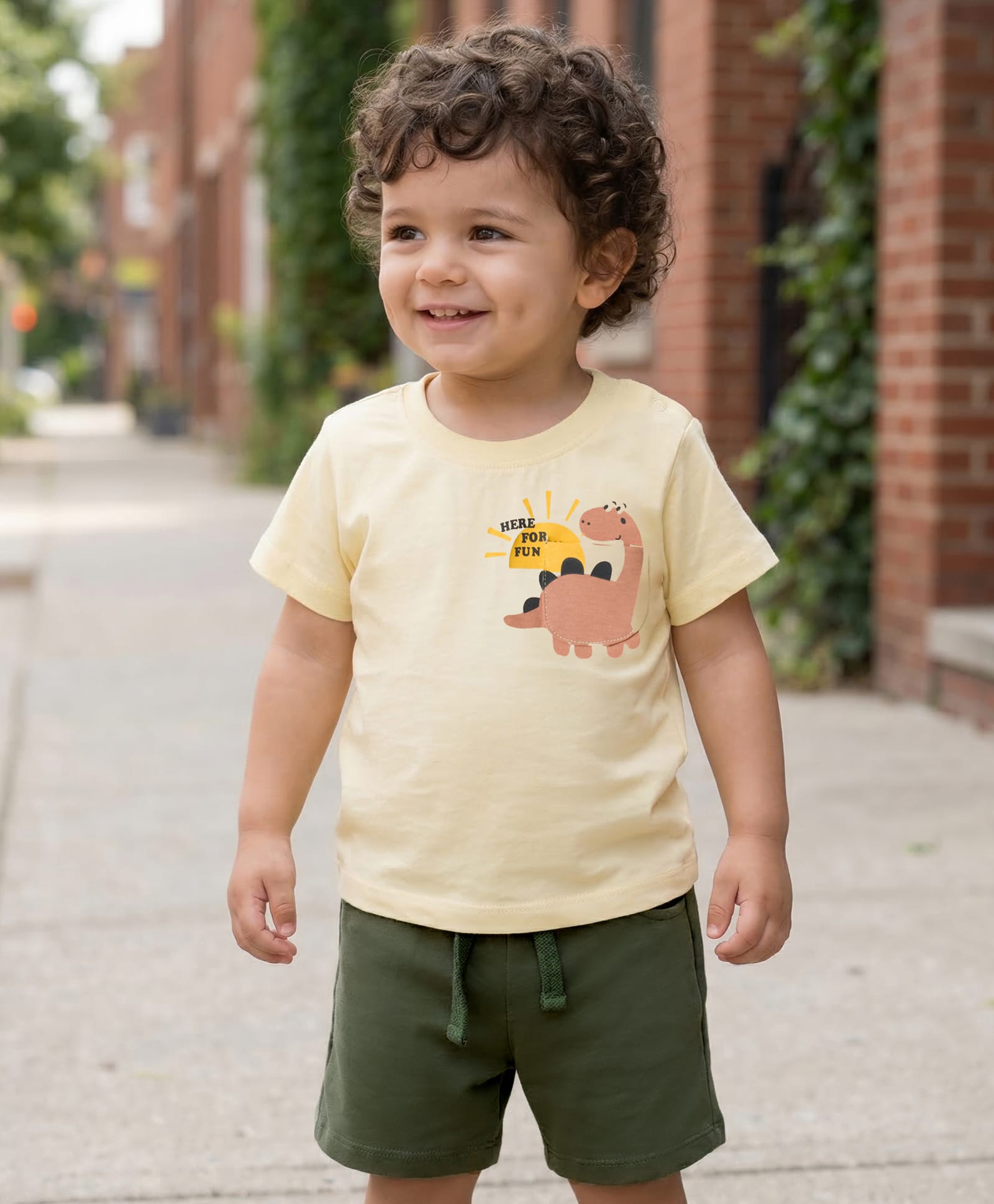 Babyoye 100% Cotton Knit Half Sleeves T-Shirt & Shorts Set Dino Print - Beige & Olive Green-picture-14