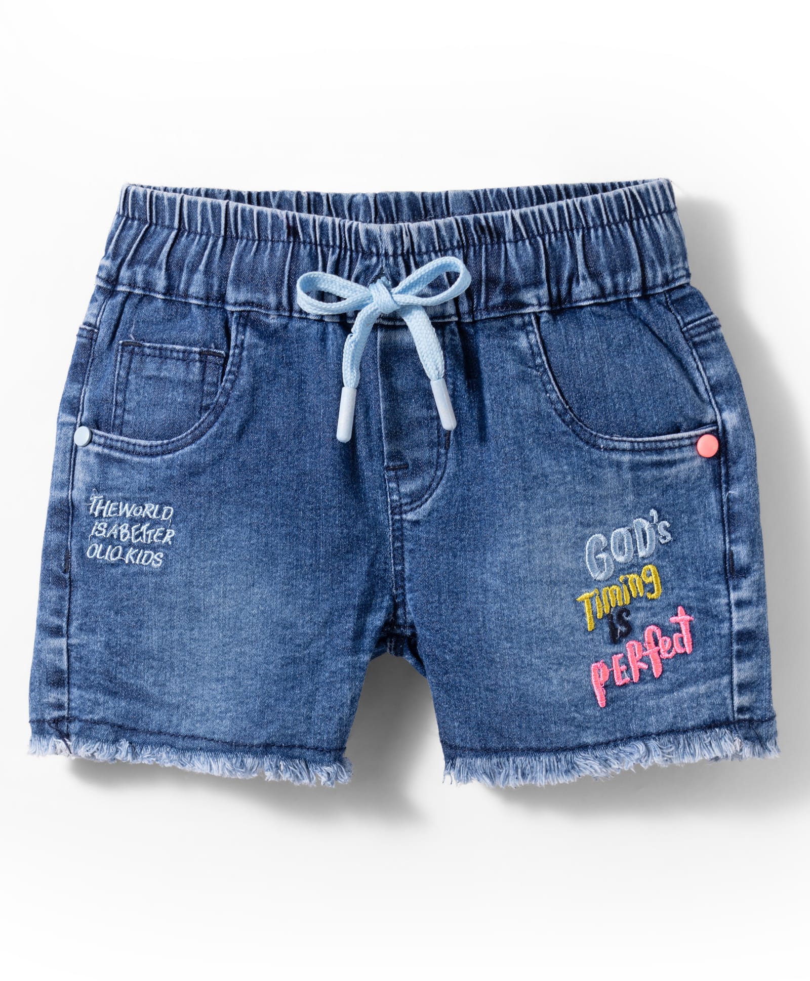 Olio Kids Woven Above Knee Length Denim Shorts with Text Embroidery - Blue-picture-25