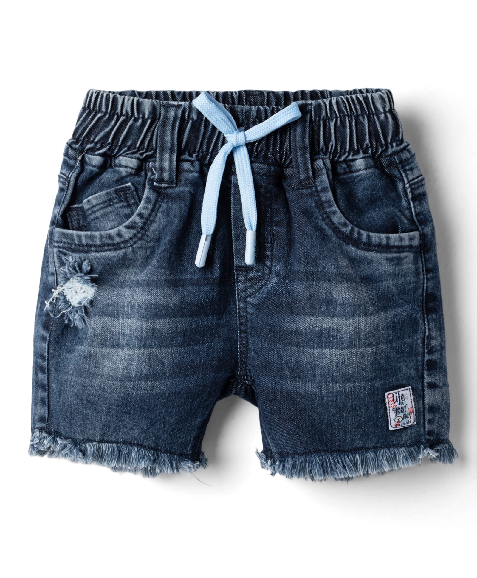 Olio Kids Denim Woven Above Knee Length Distressed Shorts with Patch Detailing - Blue-picture-22
