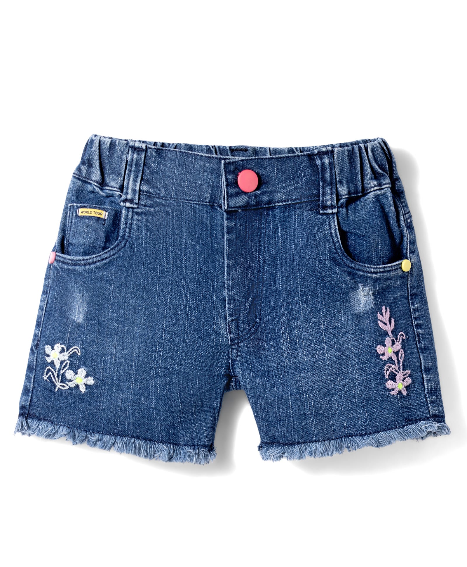 Olio Kids Denim Woven Above Knee Length Shorts with Floral Embroidery - Blue-picture-26