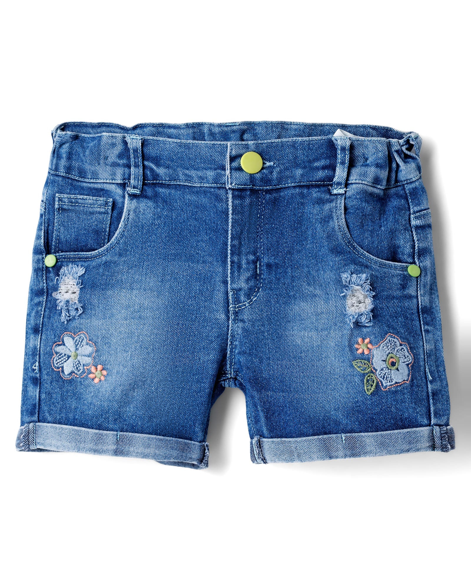 Olio Kids Denim Woven Above Knee Length Shorts with Floral Embroidery - Light Blue-picture-26