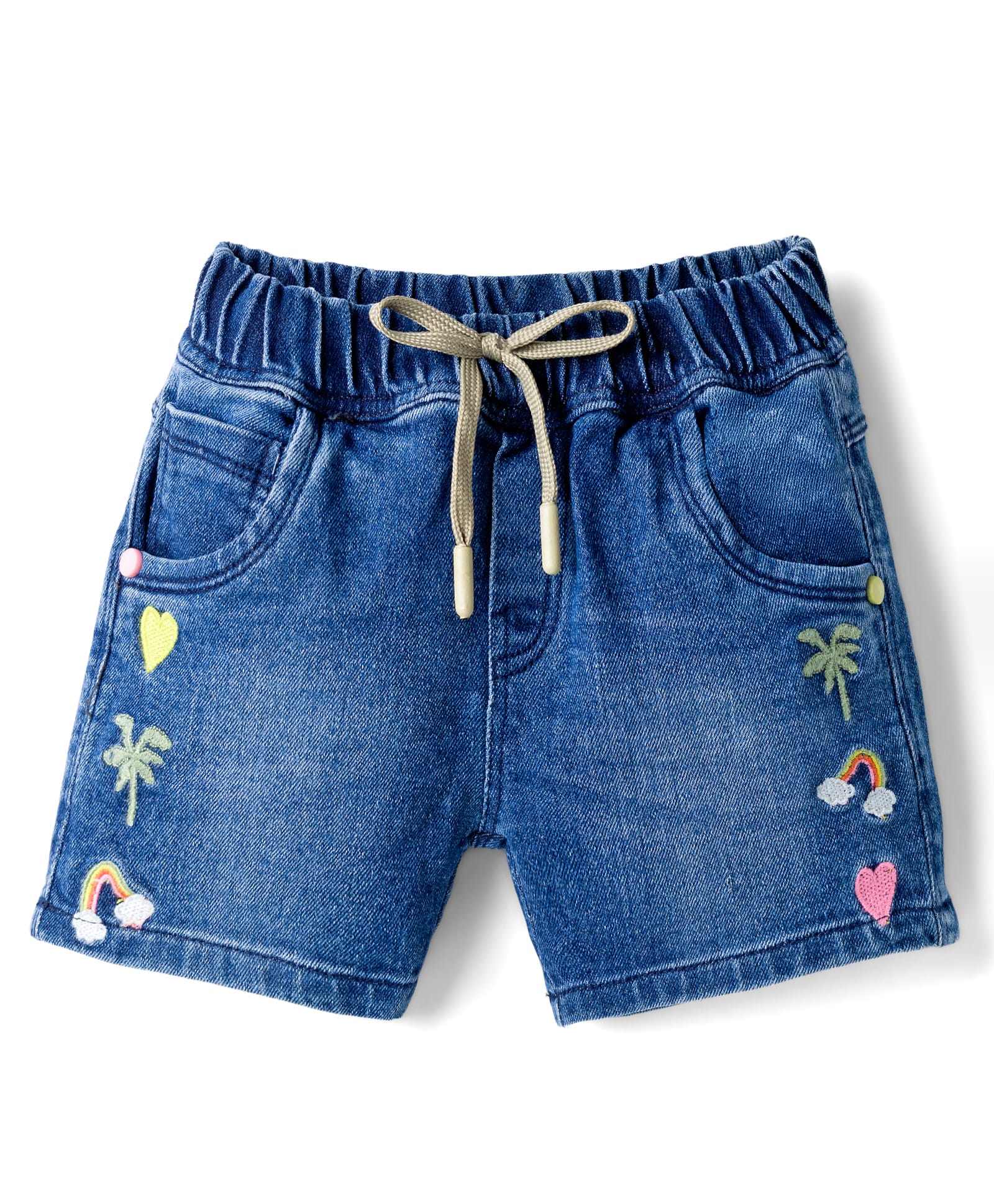 Olio Kids Denim Woven Above Knee Length Shorts with Tropical Theme Embroidery - Blue-picture-28