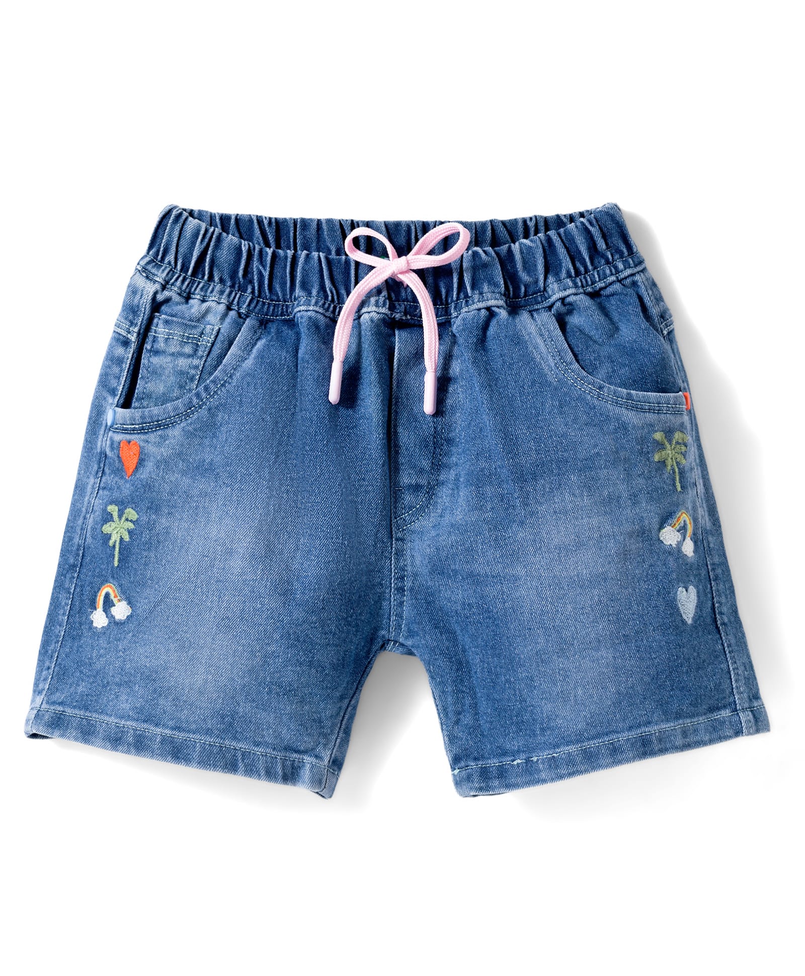 Olio Kids Denim Woven Above Knee Length Shorts with Tropical Theme Embroidery - Light Blue-picture-10