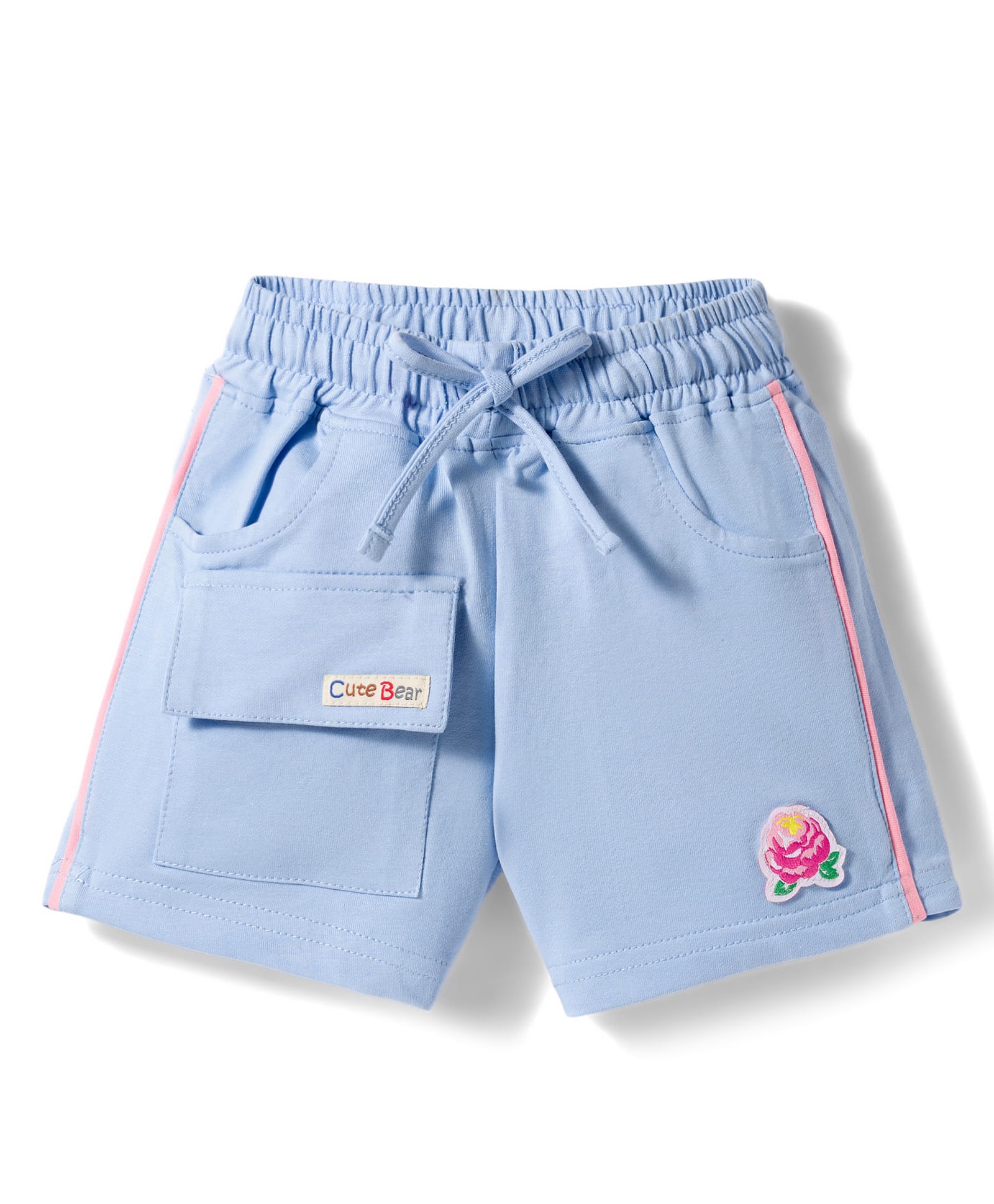 Olio Kids Cotton Knit Above Knee Length Solid Shorts With Floral Patch - Light Blue-picture-17