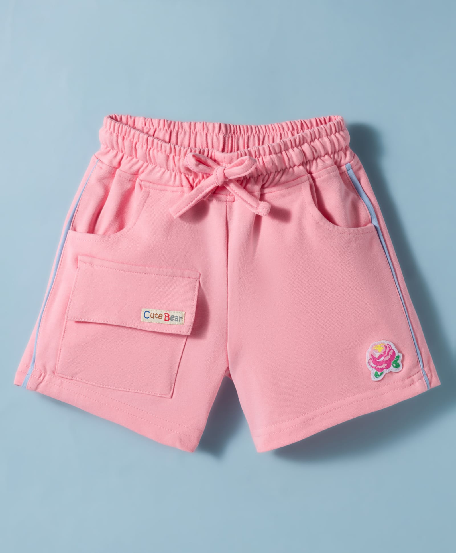 Olio Kids Cotton Knit Above Knee Length Solid Shorts With Floral Patch - Pink-picture-22