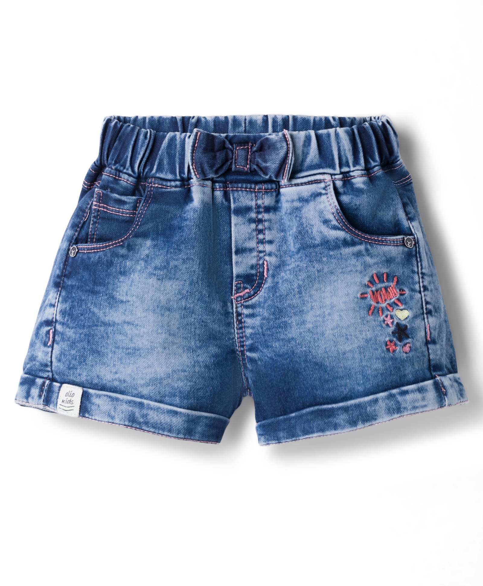 Olio Kids Denim Woven Above Knee Length Shorts With Heart Embroidery - Light Blue-picture-34
