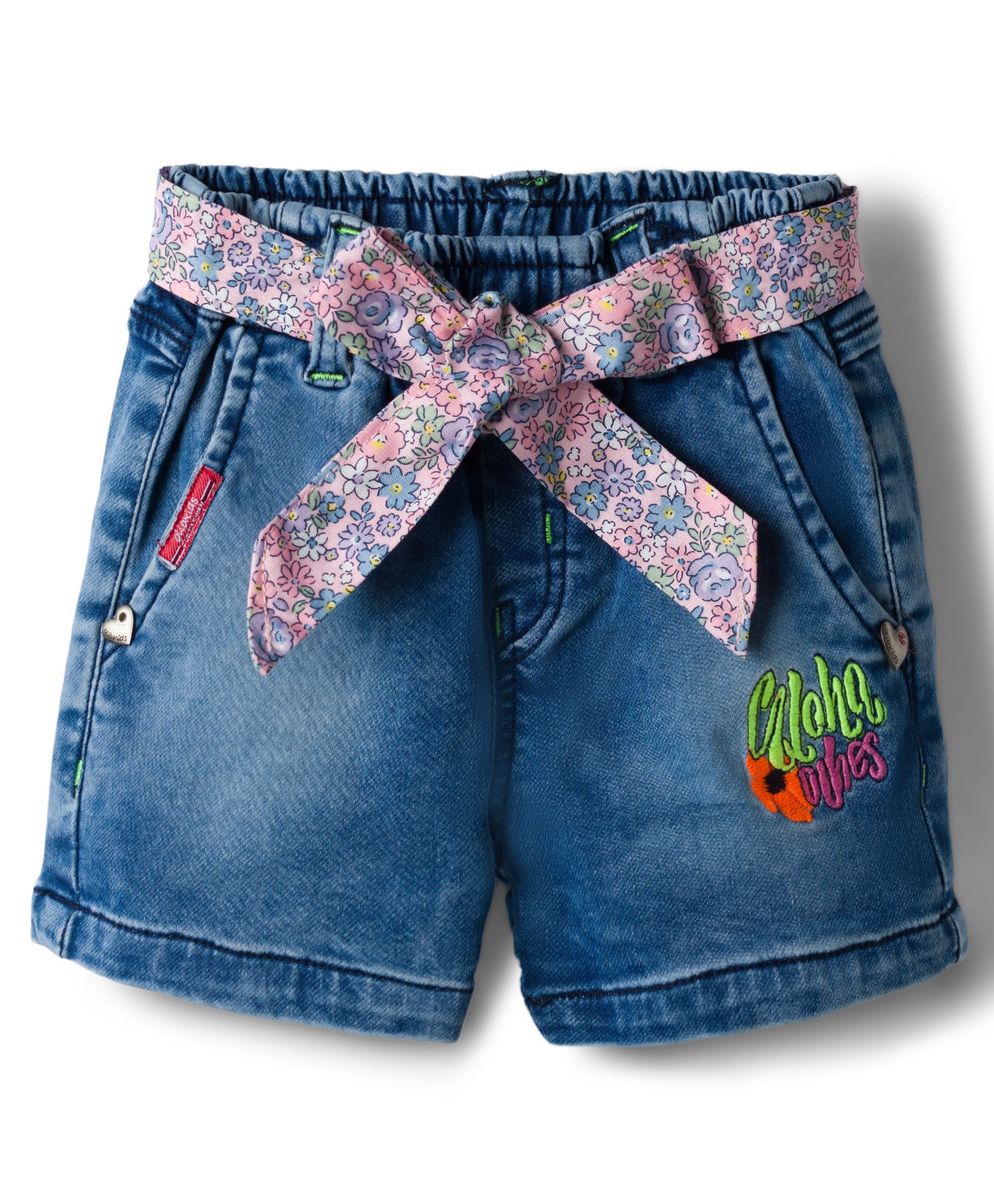 Olio Kids Denim Woven Above Knee Length Shorts with Belt & Embroidery - Light Blue-image-47