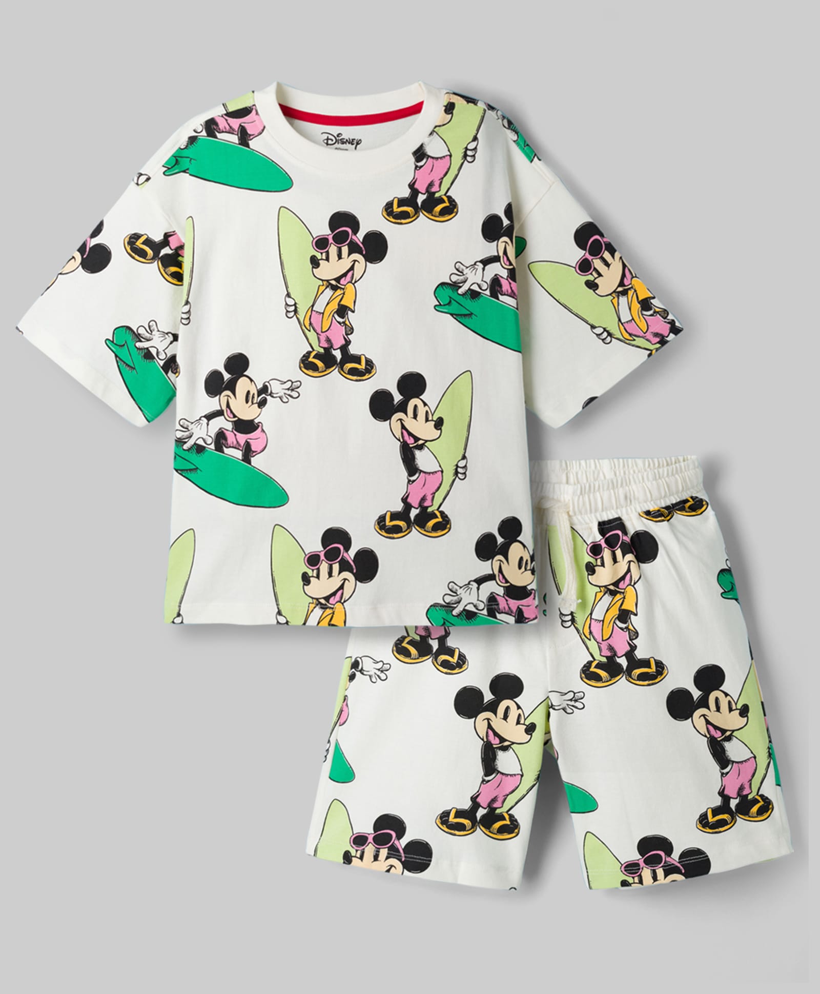 Pine Kids Disney Drop Shoulder Sleeves Co-Ord T-Shirt & Shorts Night Suit With Mickey Mouse Print - White-picture-21