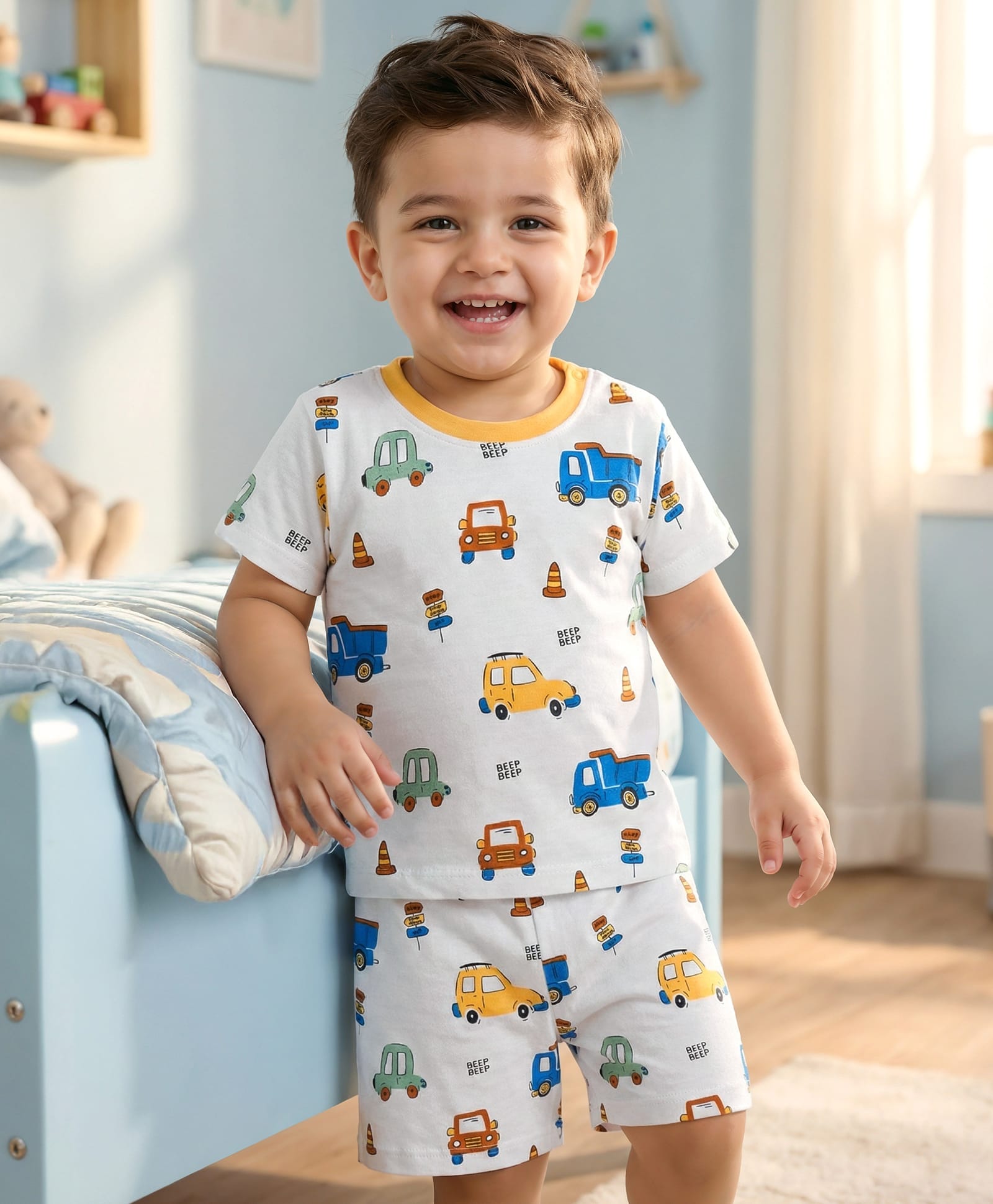 Babyhug Cotton Knit Half Sleeves Vehicles Printed Co-Ords T-Shirt & Shorts Night Suit - White