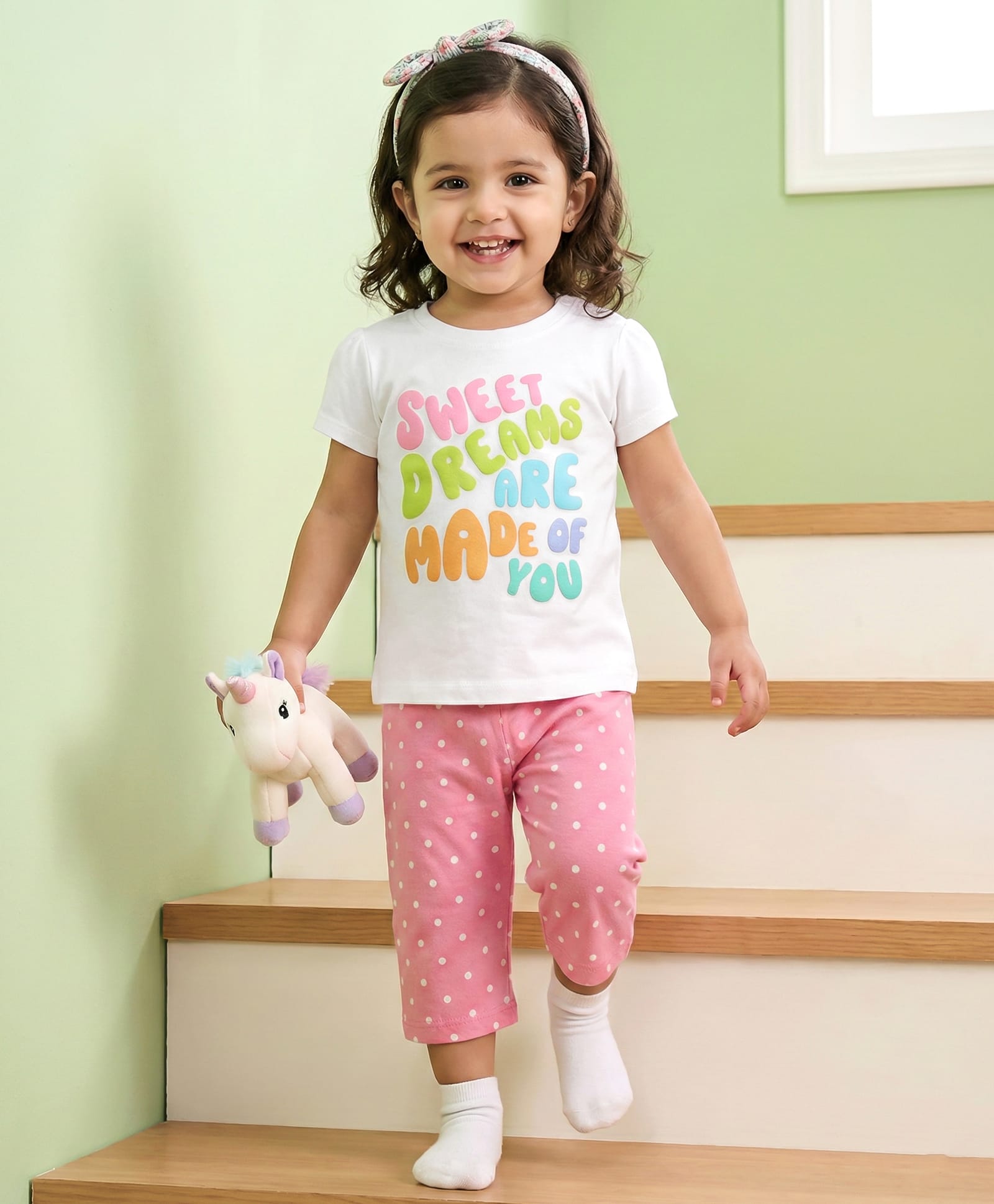 Babyhug Cotton Knit Half Sleeves T-Shirt & Capri Night Suit With Text & Polka Dot Print - White & Pink-image-24