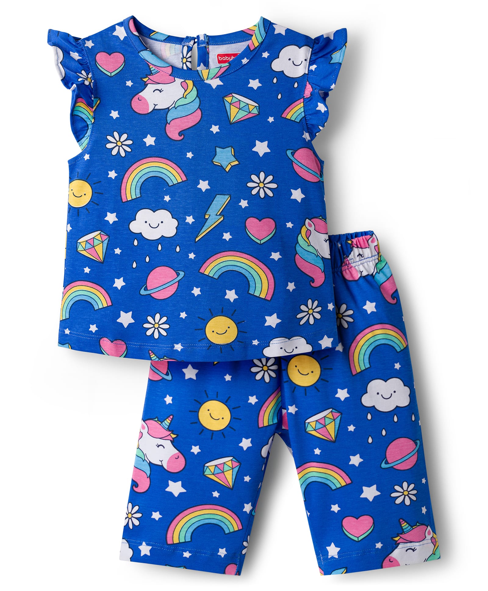 Babyhug Cotton Knit Half Sleeves Unicorn Theme Printed Co-Ords T-Shirt & Capri Night Suit - Blue