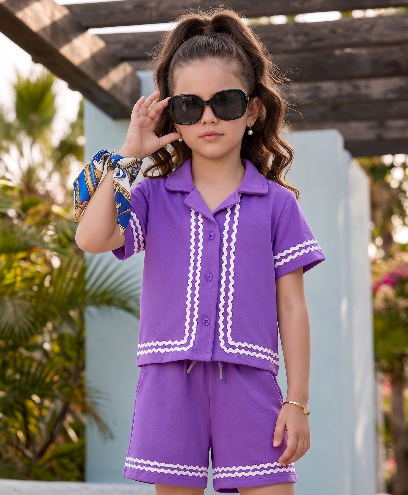 OLLINGTON ST. Cotton Knit Half Sleeves Shirt Top & Shorts Set With Embroidery - Purple-image-46