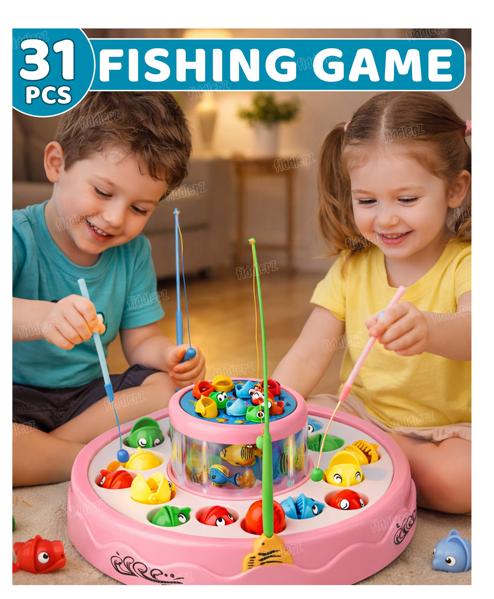 Fiddlerz Musical Rotating Fishing Game for Kids with 26 Colorful Fishes in Pond Light & Sound 4 Catching Sticks Interactive Fishing Toy for Boys Girls Age 3+