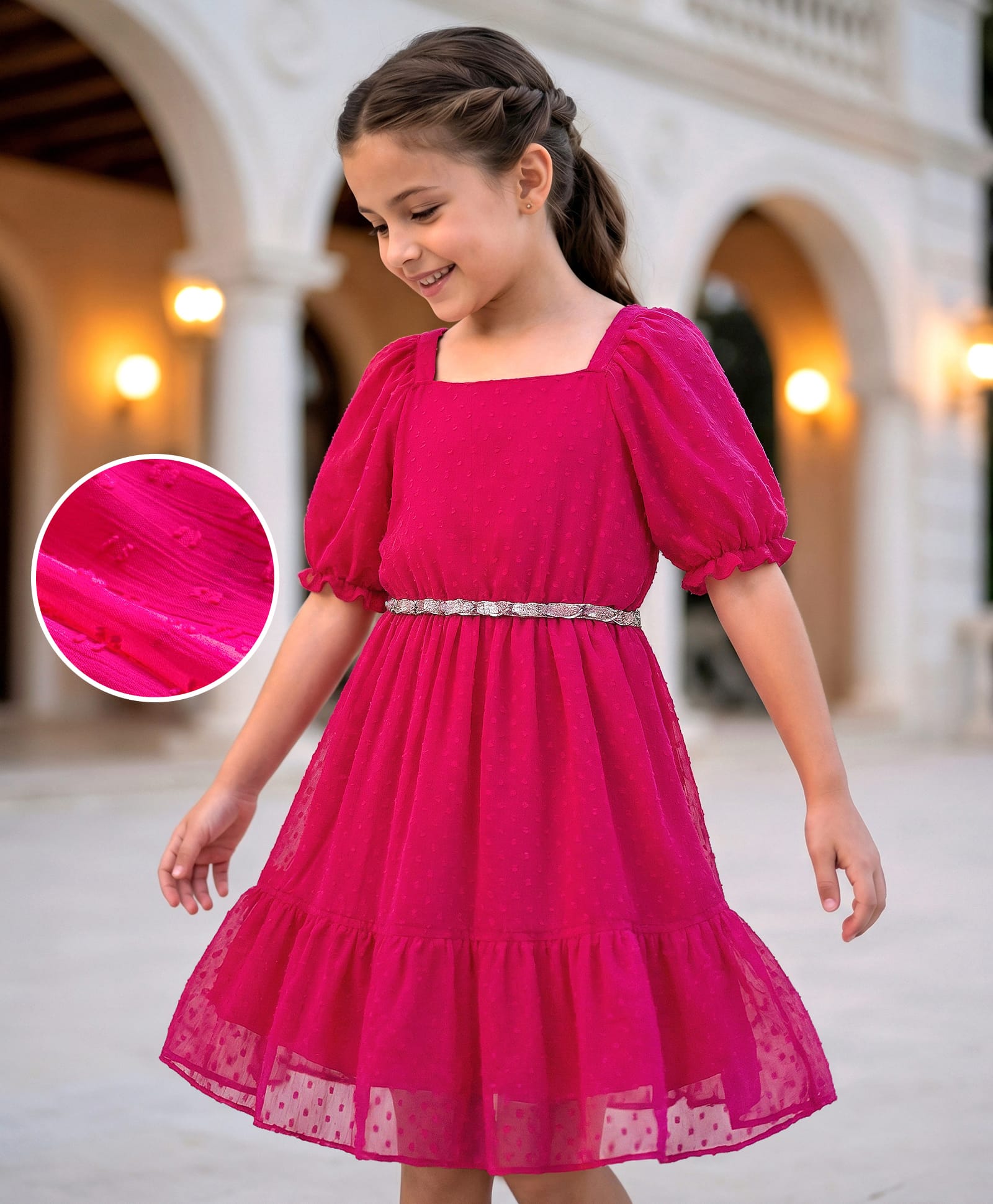 Hola Bonita Woven Half Puffed Sleeves Texture Solid Coloured Tiered Dress with Belt - Pink-image-28