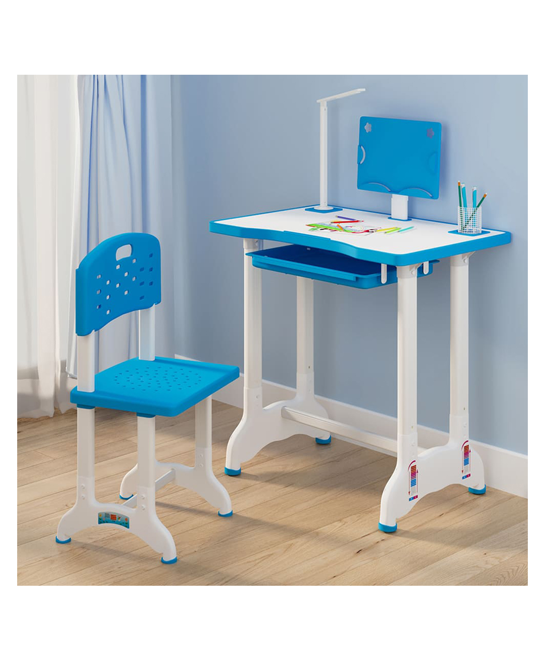StarAndDaisy Study Table for Kids 3-12years Boys Girls/Kids Study Table with Hight Adjustable Table & Chair, Book Storage, Book Holder & Cup Holder (Blue (with LED LAMP), Engineered Wood