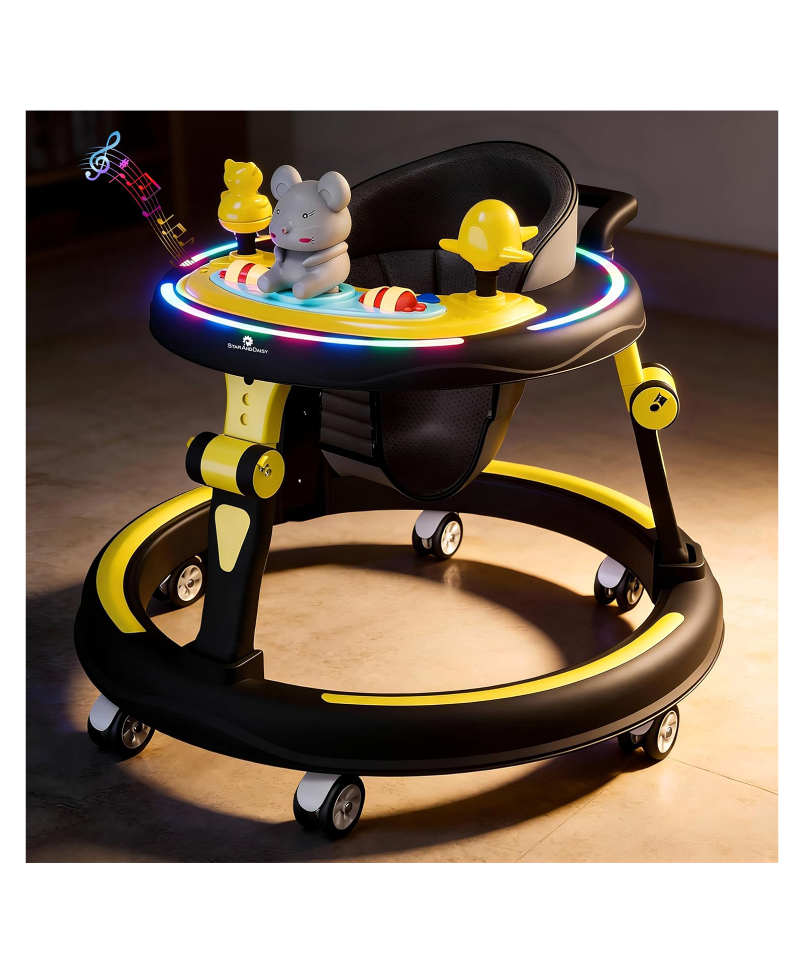 StarAndDaisy Baby Walkers for 6-18 Month Baby boy 360° Walker for Kids for 6 to 18 Months with RGB Light, 7 Level Height Adjustment, Baby Walker with Switchable Food & Musical Toy Tray -Yellow Black-image-13