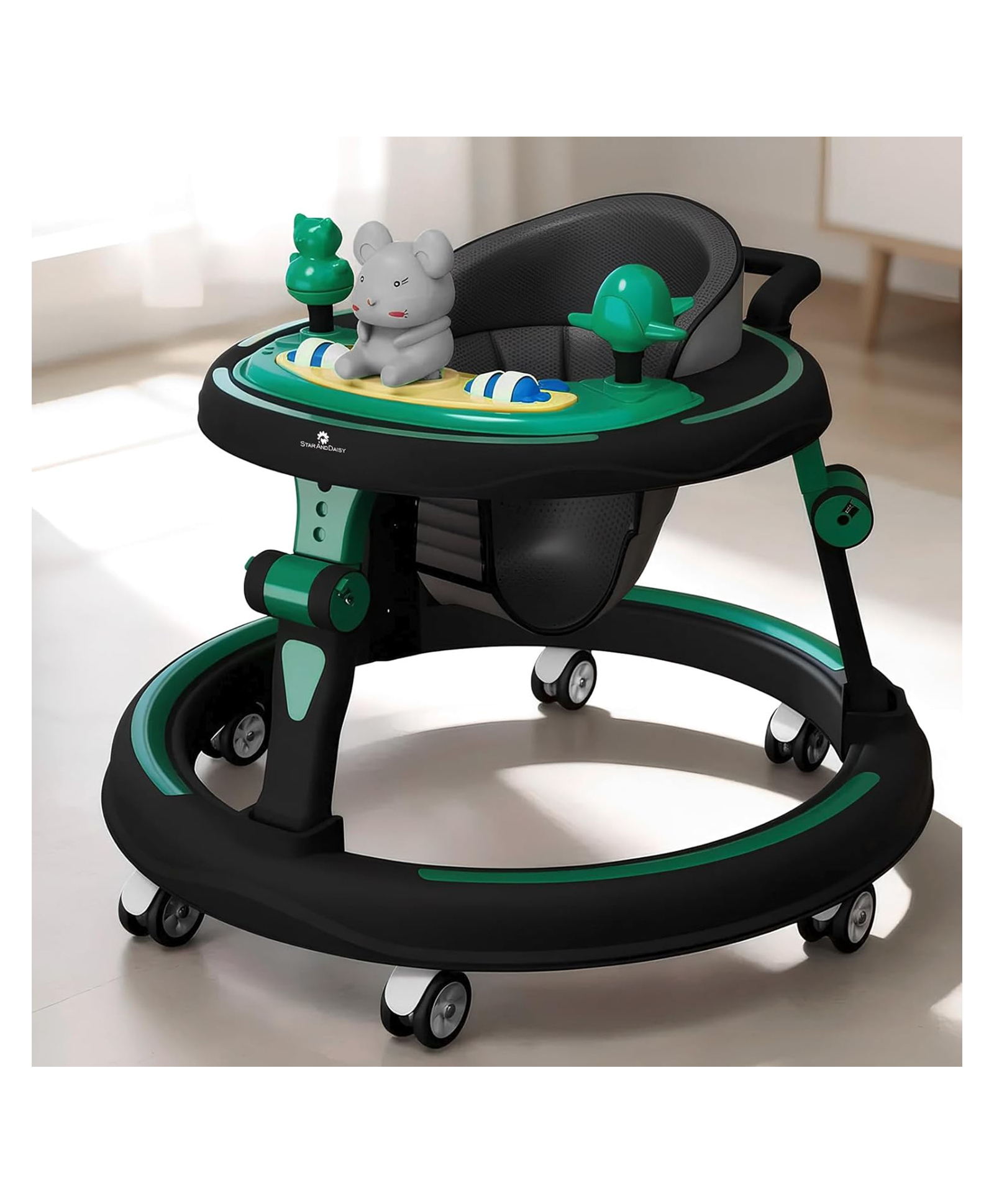 StarAndDaisy Baby Walkers for 6-18 Month Baby boy & Girl 360° Walker for Kids for 6 to 18 Months with 7 Level Height Adjustment, Baby Walker with Switchable Food & Musical Toy Tray -Green Black