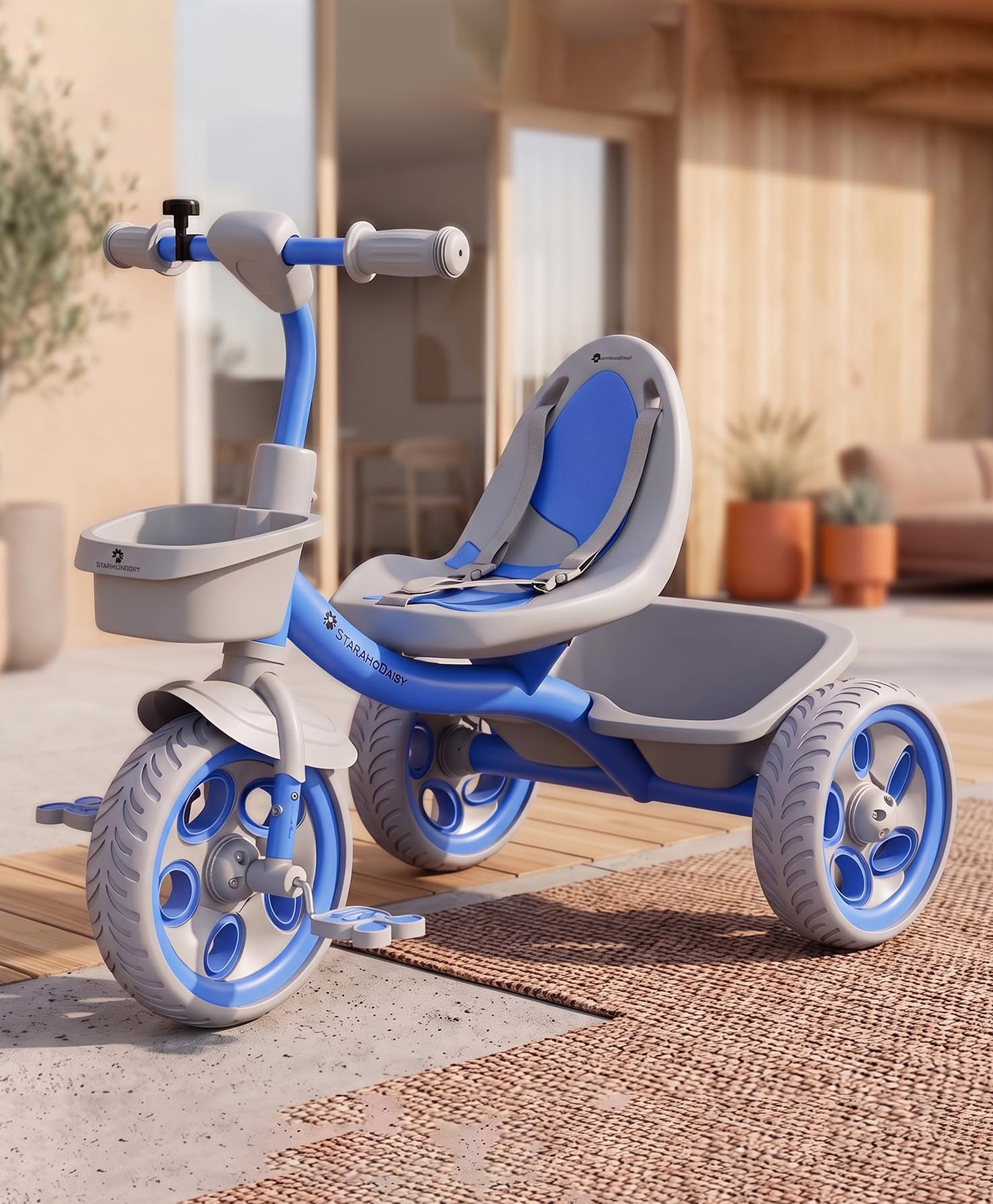 StarAndDaisy Cycle for Kids 3 to 5 Years Tricycles for Kids Baby Cycle with Seat Belt Bell 360 Rotating Handlebar Dual Storage Basket Bell Toy with Pedals Blue-image-48