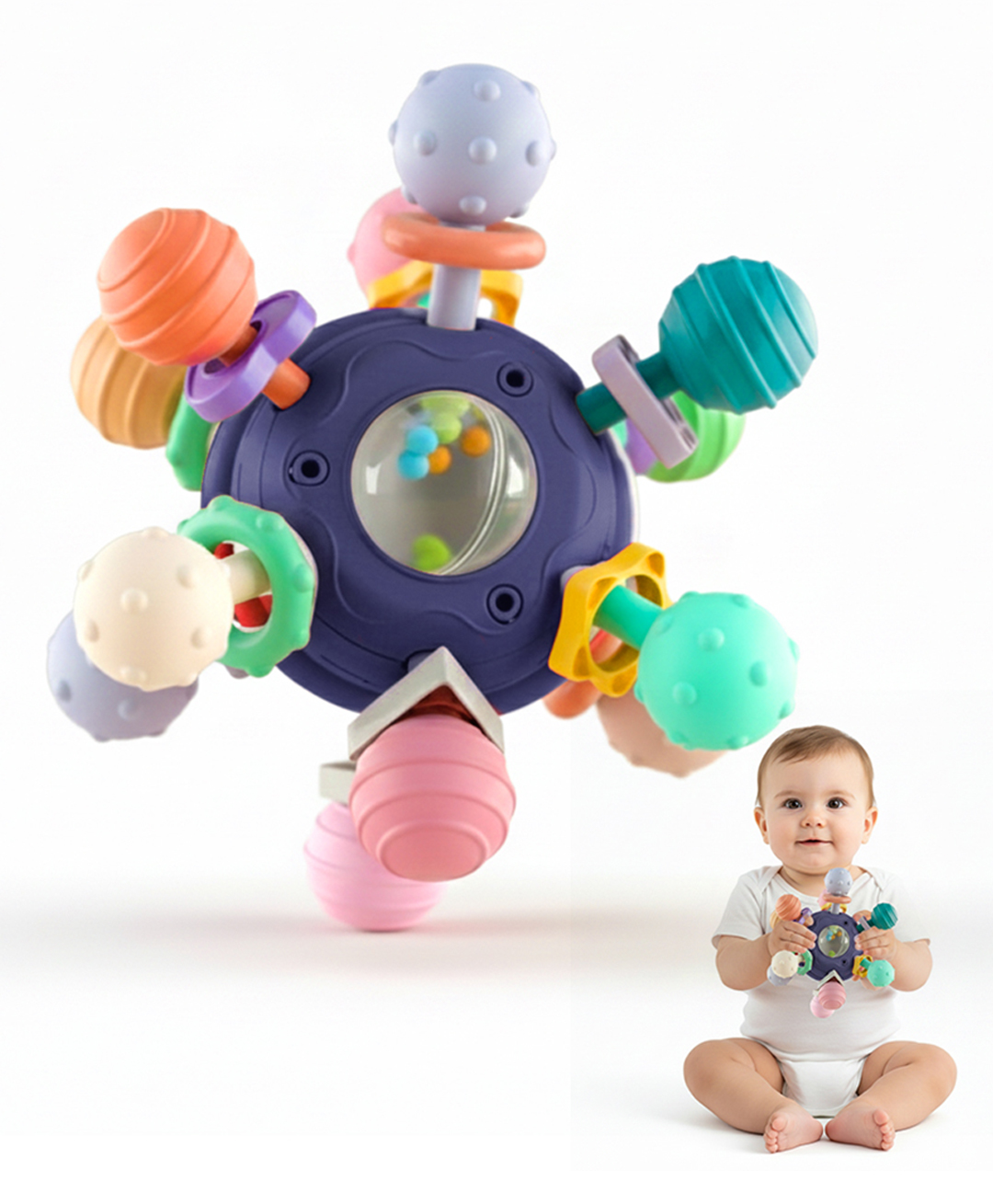 StarAndDaisy Teether Teething Toys for Baby 6-12 Months Kids, Soft Silicone & BPA Free (Mball-Blue-Multicolor)-picture-25