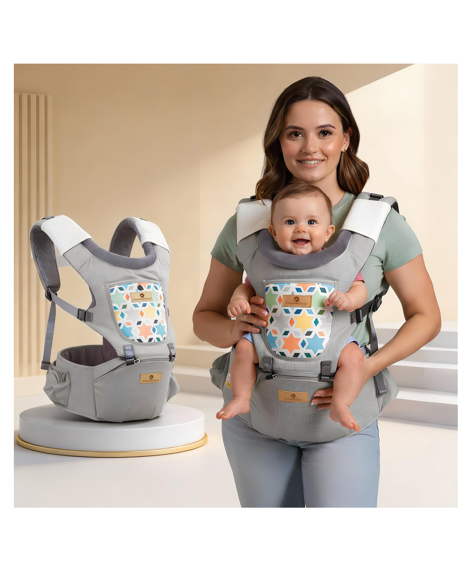 StarAndDaisy 4-in-1 Baby Carrier for 0 to 3 Year Baby/Kangaroo Bag with Comfortable Soft Hip Seat/Baby Carrier - 4 Carrying Positions, 2 Storage Pockets -Light Grey-picture-15
