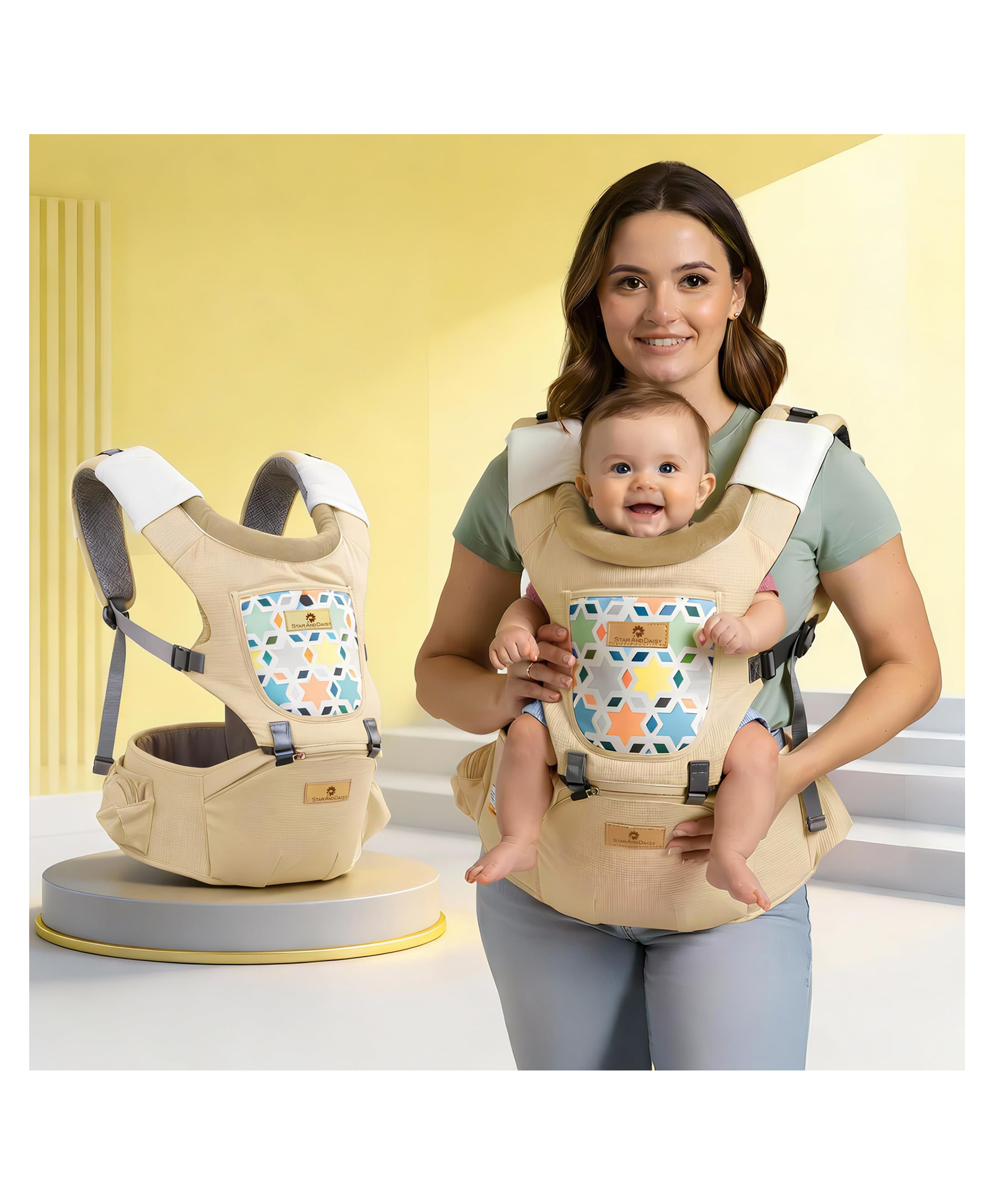 StarAndDaisy 4-in-1 Baby Carrier for 0 to 3 Year Baby/Kangaroo Bag with Comfortable Soft Hip Seat/Baby Carrier - 4 Carrying Positions, 2 Storage Pockets -Beige-image-39