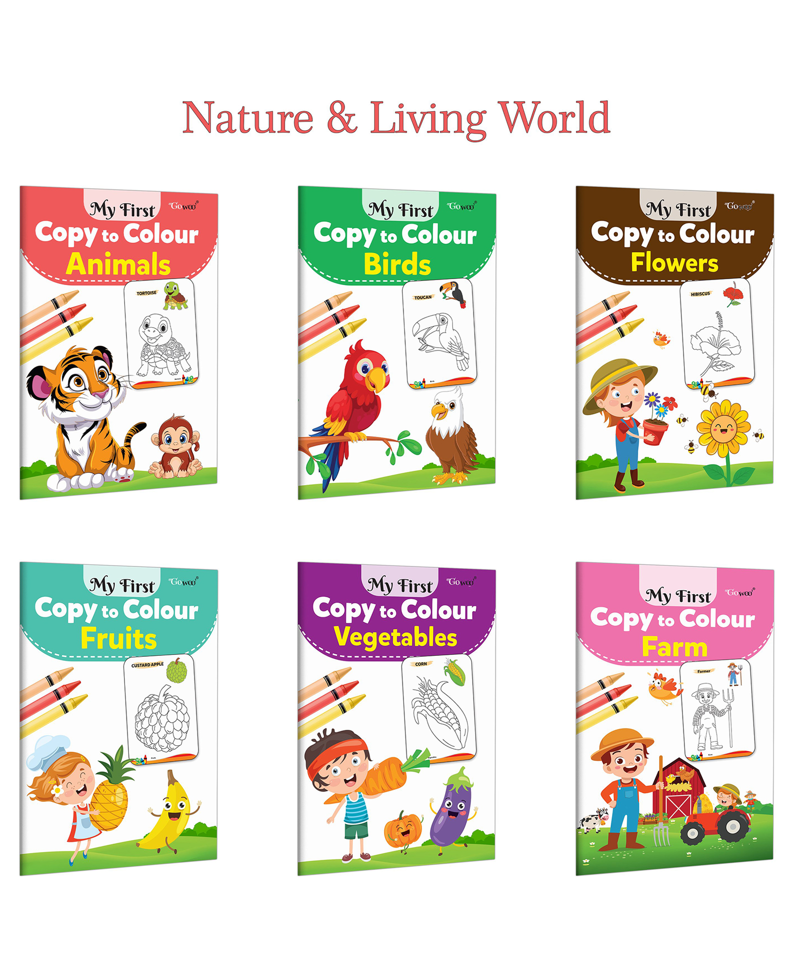gowoo My First Copy to Colour - Animals, Birds, Flowers, Fruits and more :- Kids fun activity, Nature based colouring, Preschool creative workbook | Pack of 6 Books-picture-23