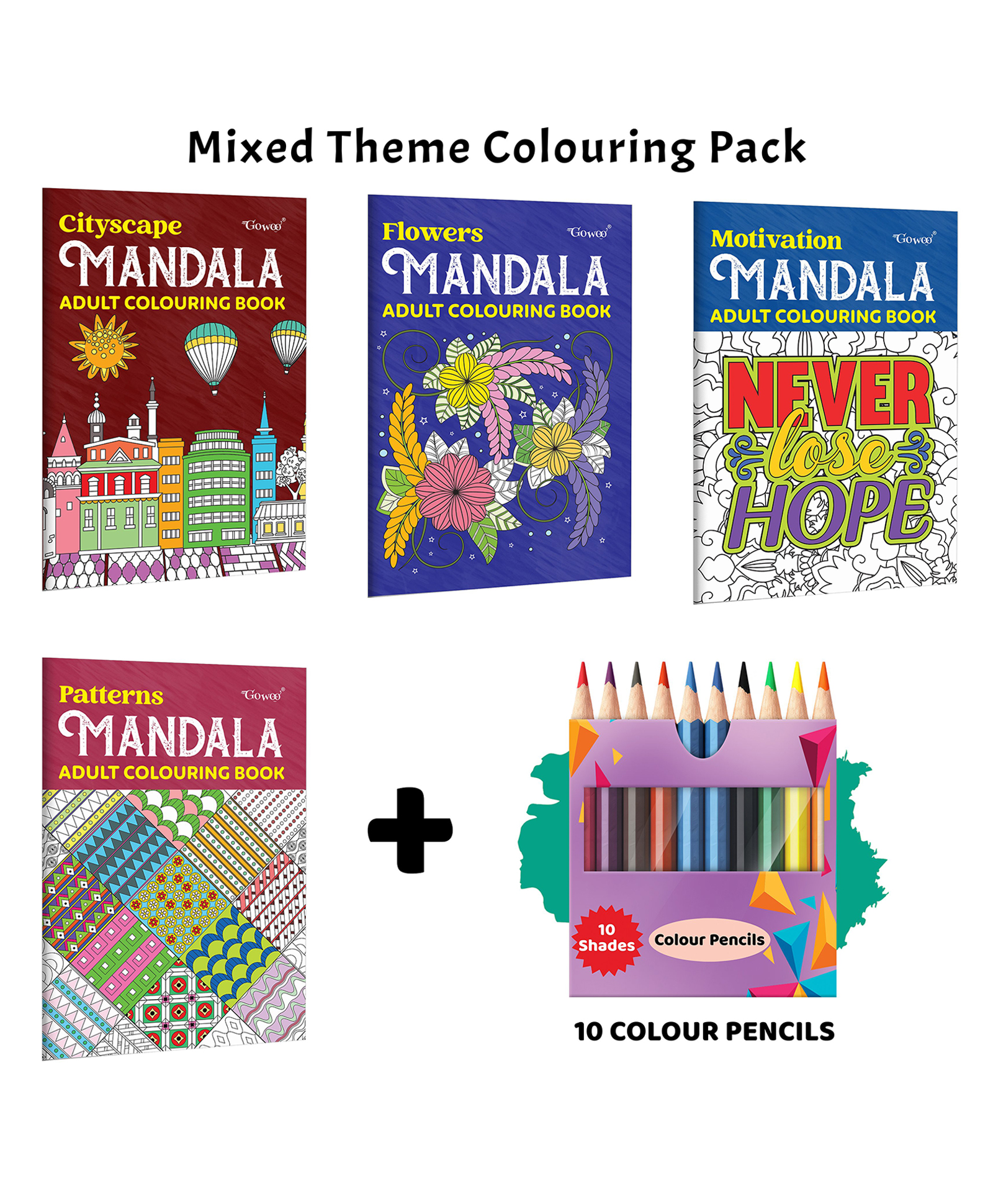 Cityscape, Flower, Motivation - Mandala Adult Colouring Book and more with 10 Colour Pencils :- mandala art collection for adults, Flower and motivation art set | Pack of 4 Books-image-49