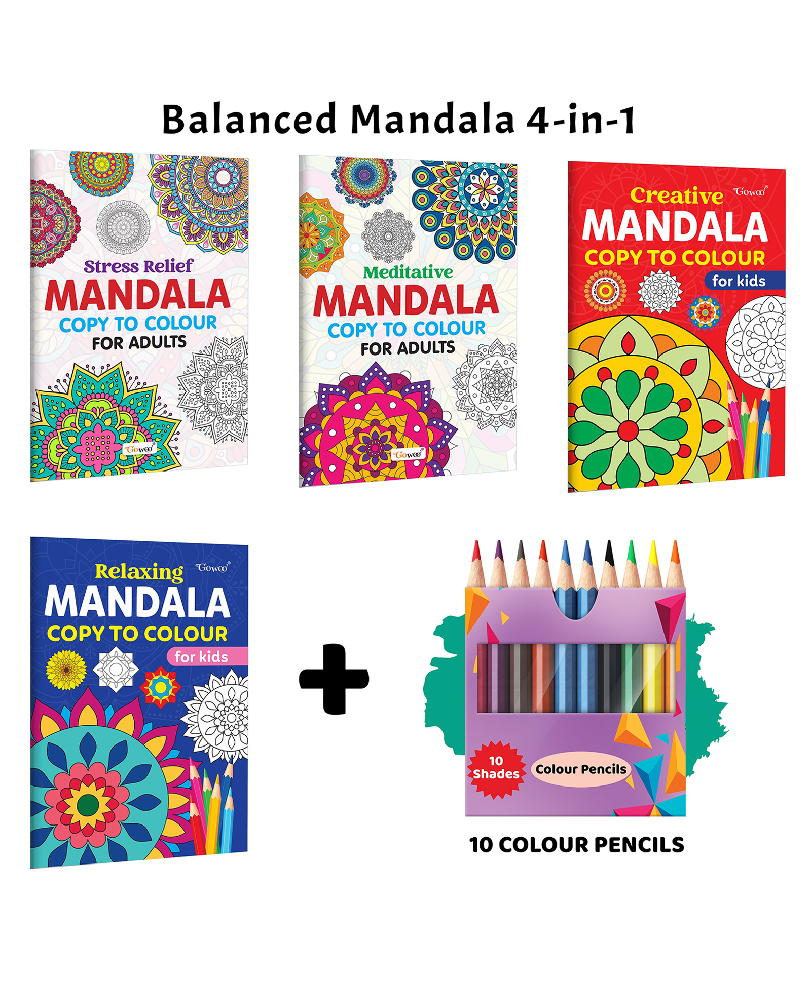 Stress Relief, Meditative, Creative - Mandala Copy to Colour for Adults & Kids and more with 10 Colour Pencils :- relaxing mandala art combo, mandala sketch set for kids & Adults | Combo of 4 Books-image-47
