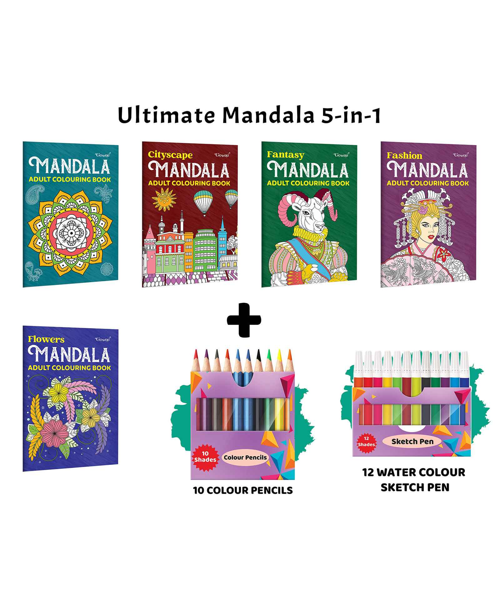 Cityscape, Fantasy, Fashion - Mandala Adult Colouring Book and more with 12 Water Colour Sketch Pens and 10 Colour Pencils :- stylish mandala designs, relaxing adult colouring book | Set of 5 Books-image-15