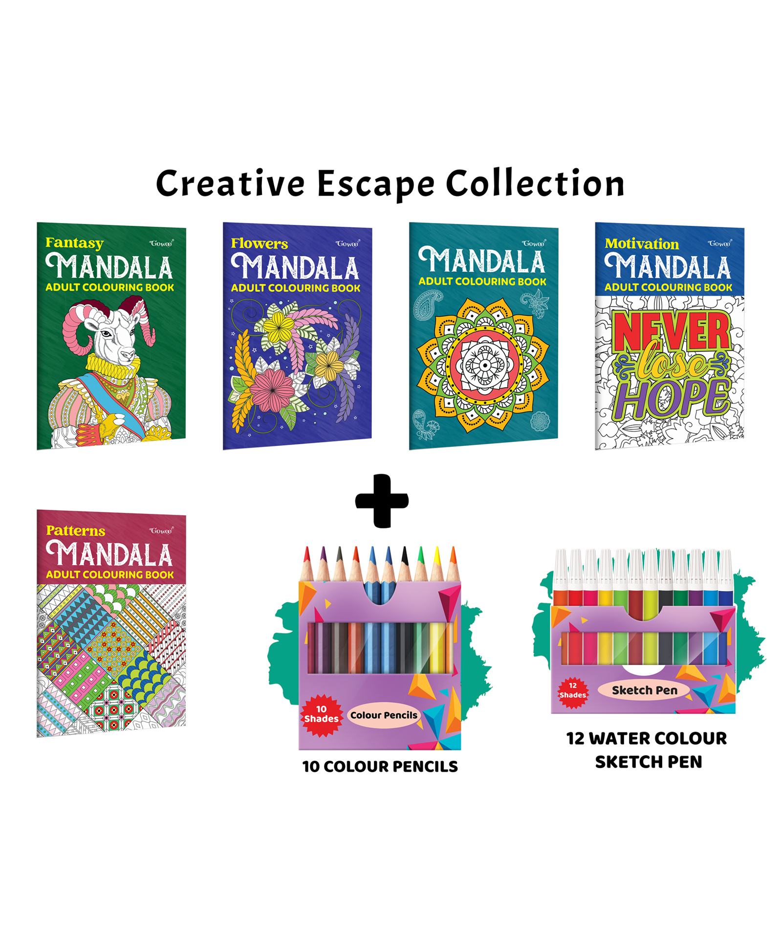 Fantasy, Flower, Mandala - Adult Colouring Book and more with 12 Water Colour Sketch Pens and 10 Colour Pencils :- mandala art therapy set for adults, detailed creative patterns | Set of 5 Books-image-15
