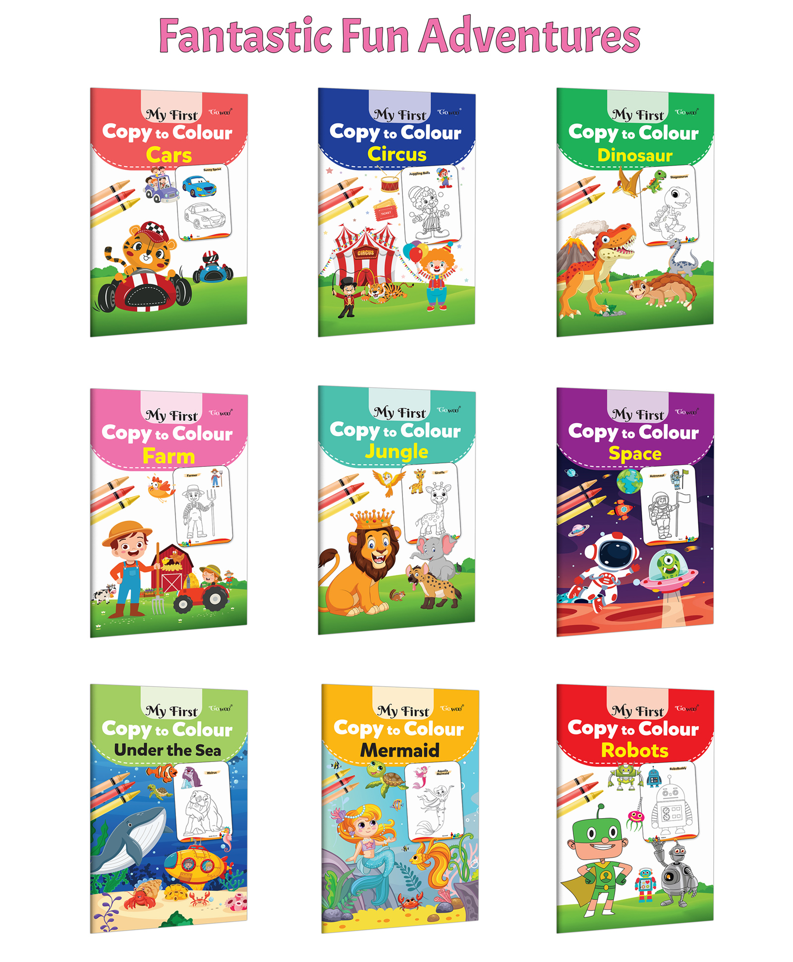 My First Copy to Colour - Cars, Circus, Dinosaur and more :- Adventure transport and animal themes, jungle safari with ocean world and fantasy colouring for kids | Pack of 9 books-image-8
