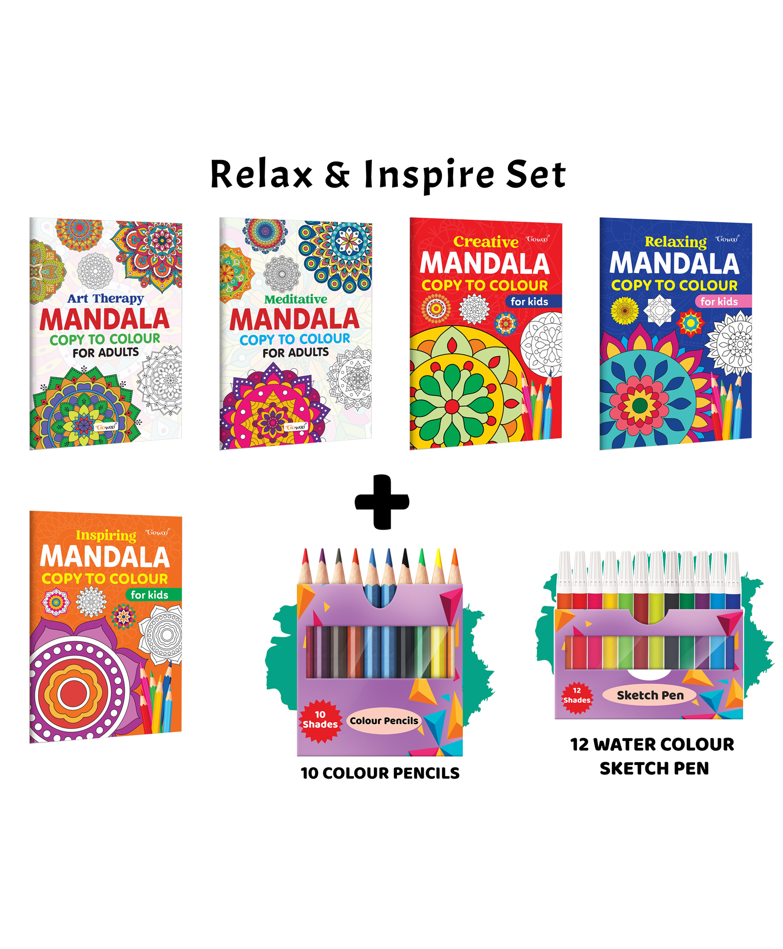 Art Therapy, Meditative, Creative Mandala Copy to Colour for Adults & Kids and more with 12 Water Colour Sketch Pens and 10 Colour Pencils :- artistic mandala colouring book | Set of 5 Books-image-29