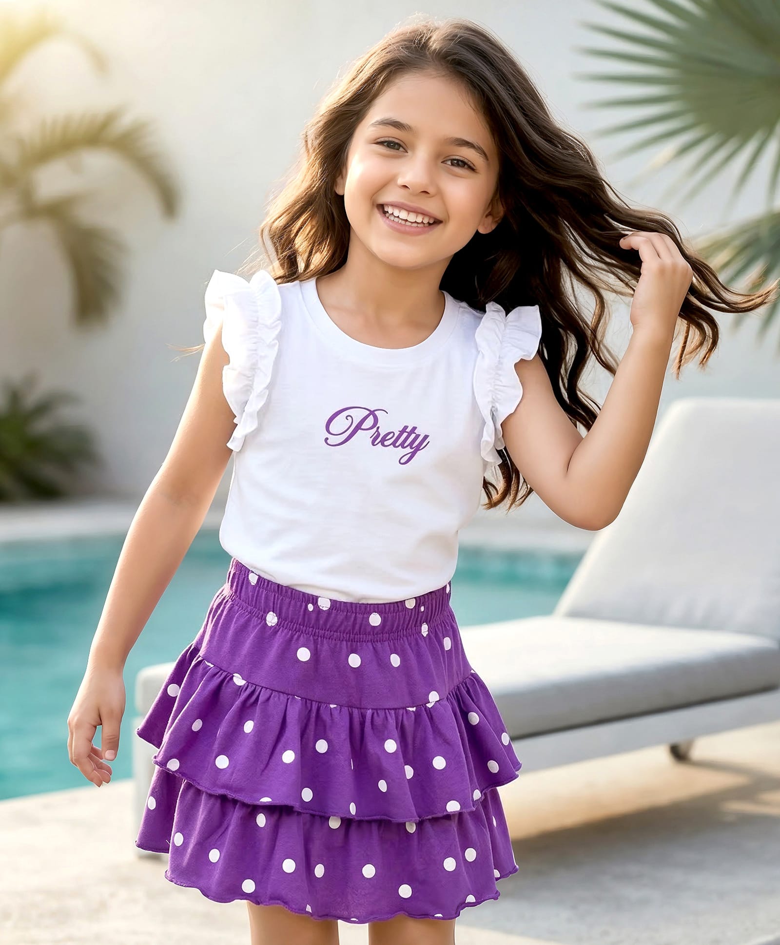 OLLINGTON ST. Cotton Knit Half Sleeves Top & Printed Knit Skirt Set - White & Purple-image-33