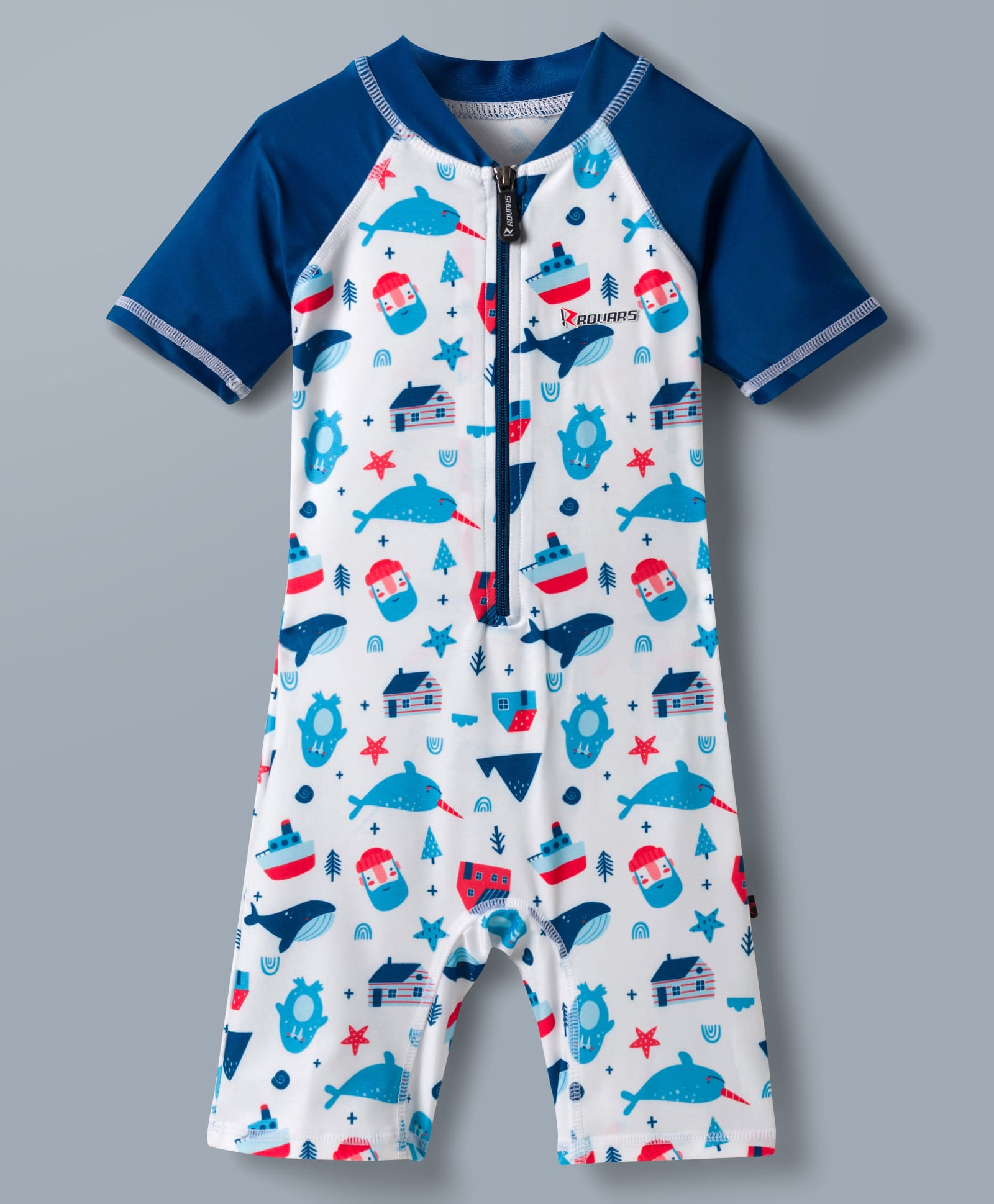 ROVARS Half Raglan Sleeves Legged Swimsuit With Whale Print - White-picture-4