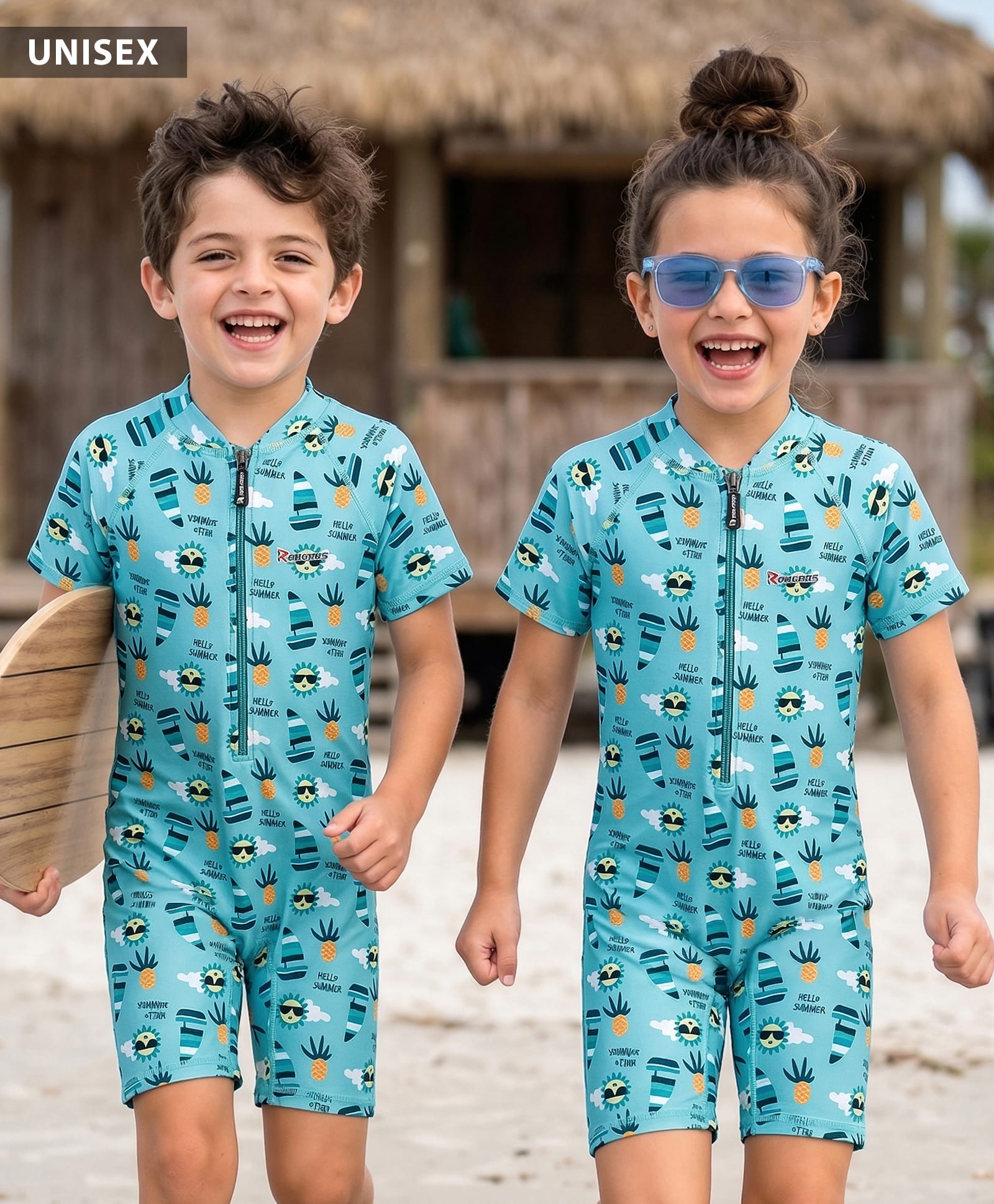 ROVARS Half Raglan Sleeves Legged Swimsuit With Pineapple & Boat Print - Teal Blue-image-2