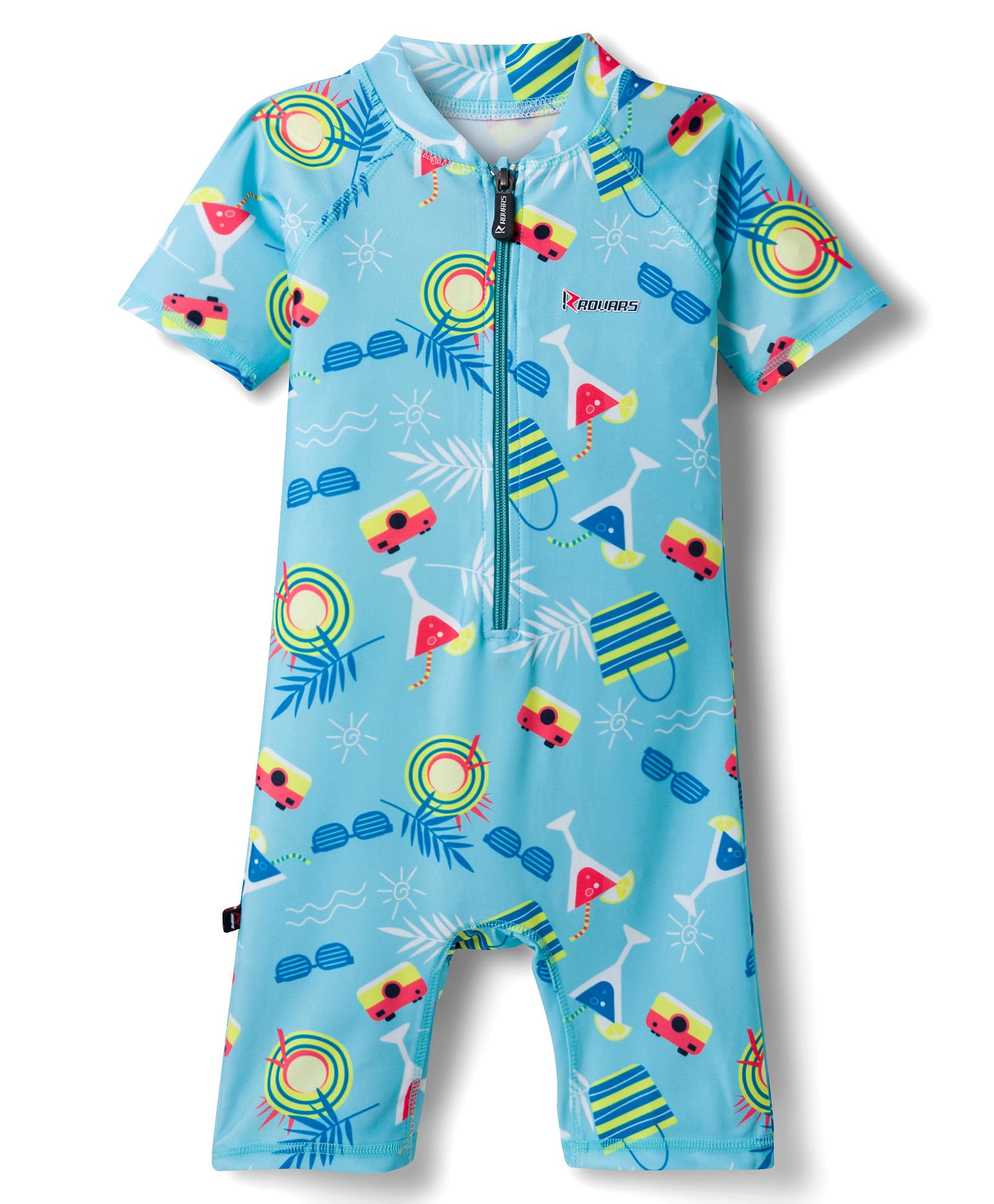 ROVARS Half Raglan Sleeves Legged Swimsuit With Beach Theme Print - Light Blue-picture-21